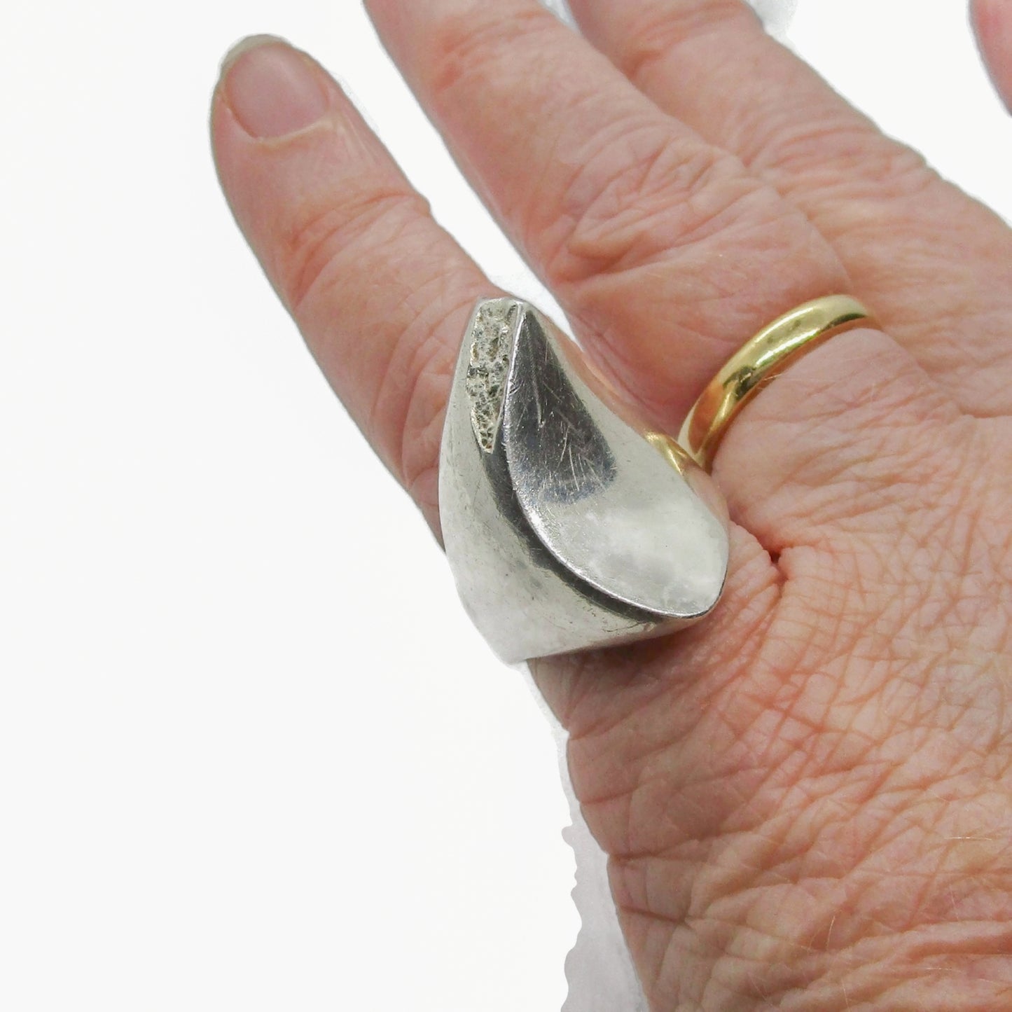 Lapponia Finland sterling silver Balance ring shown worn on a finger