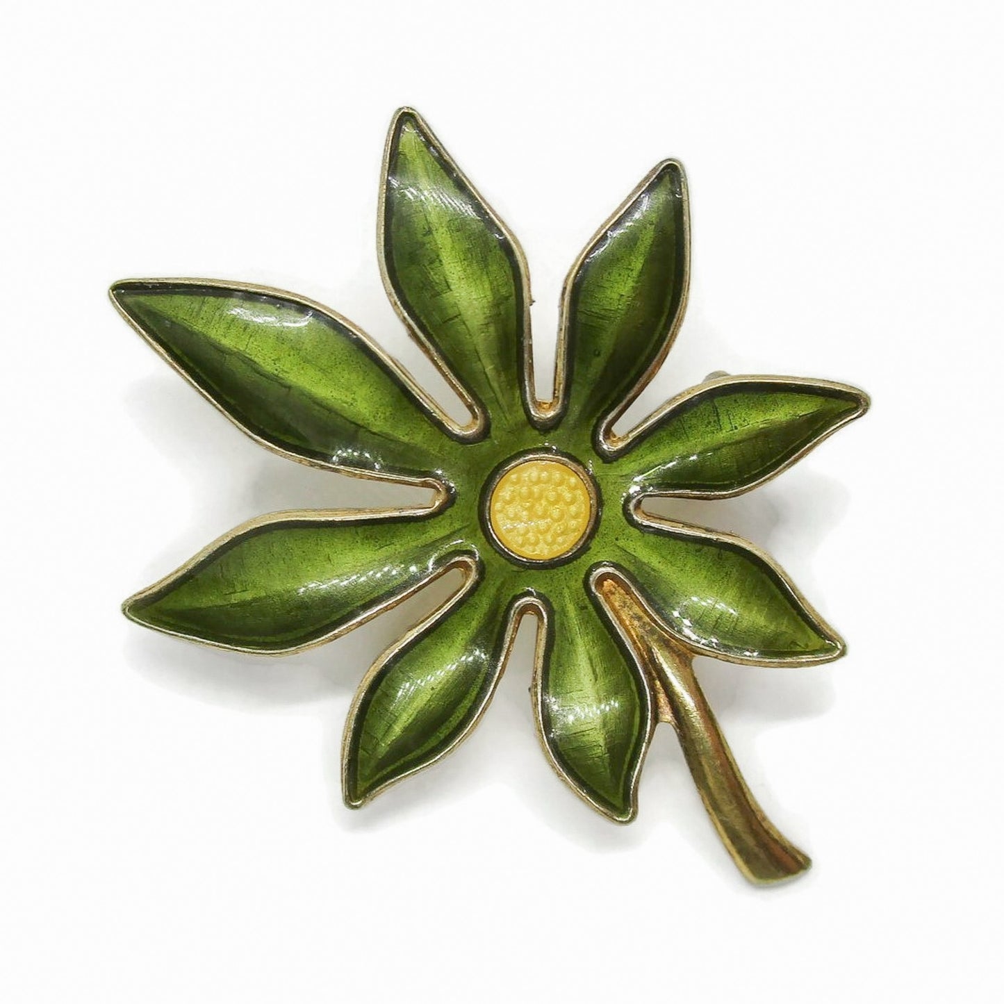 Aksel Holmsen sterling silver gilt and bright green enamel daisy brooch shown upright