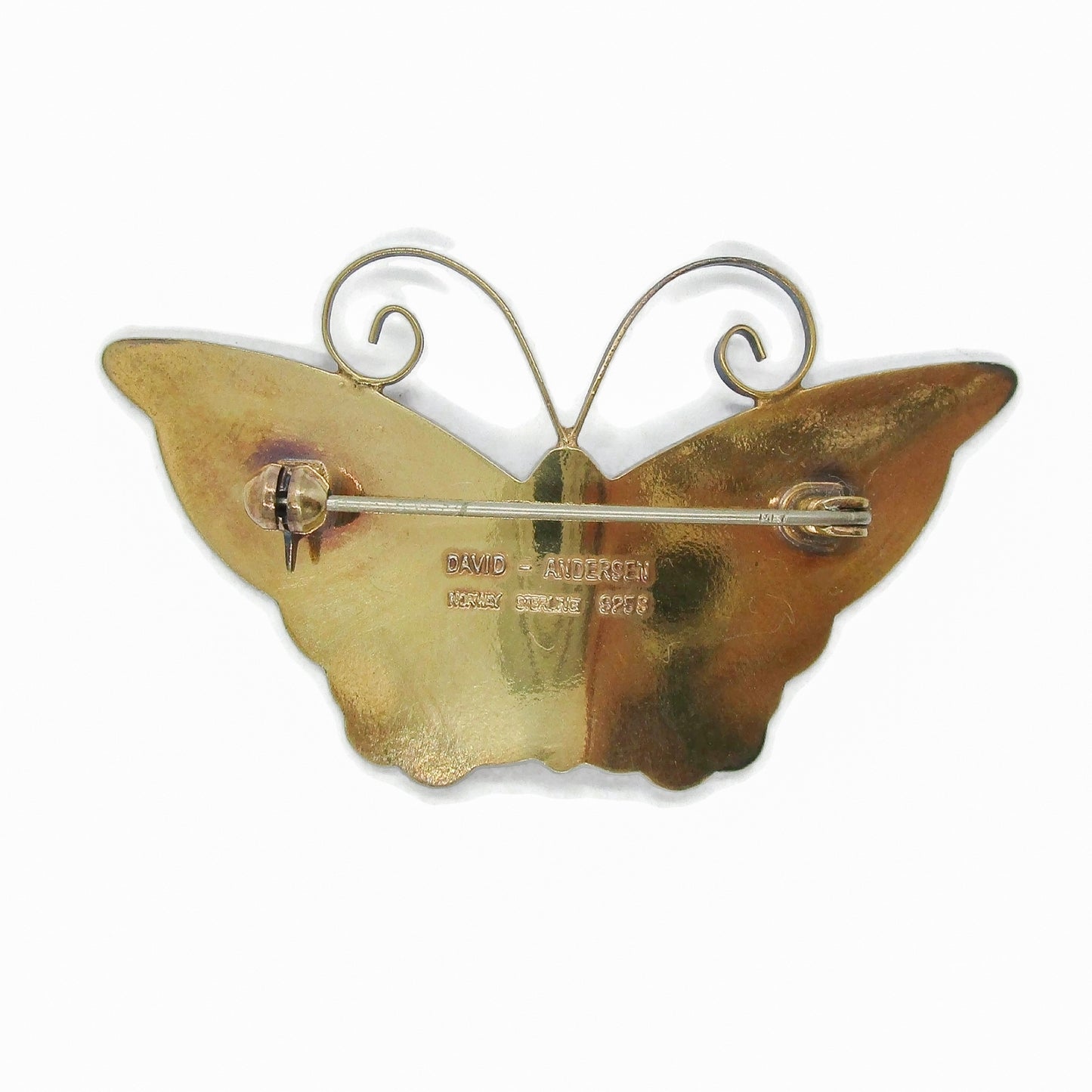 Back view of large David Andersen enamel and sterling gilt butterfly brooch showing hallmarks