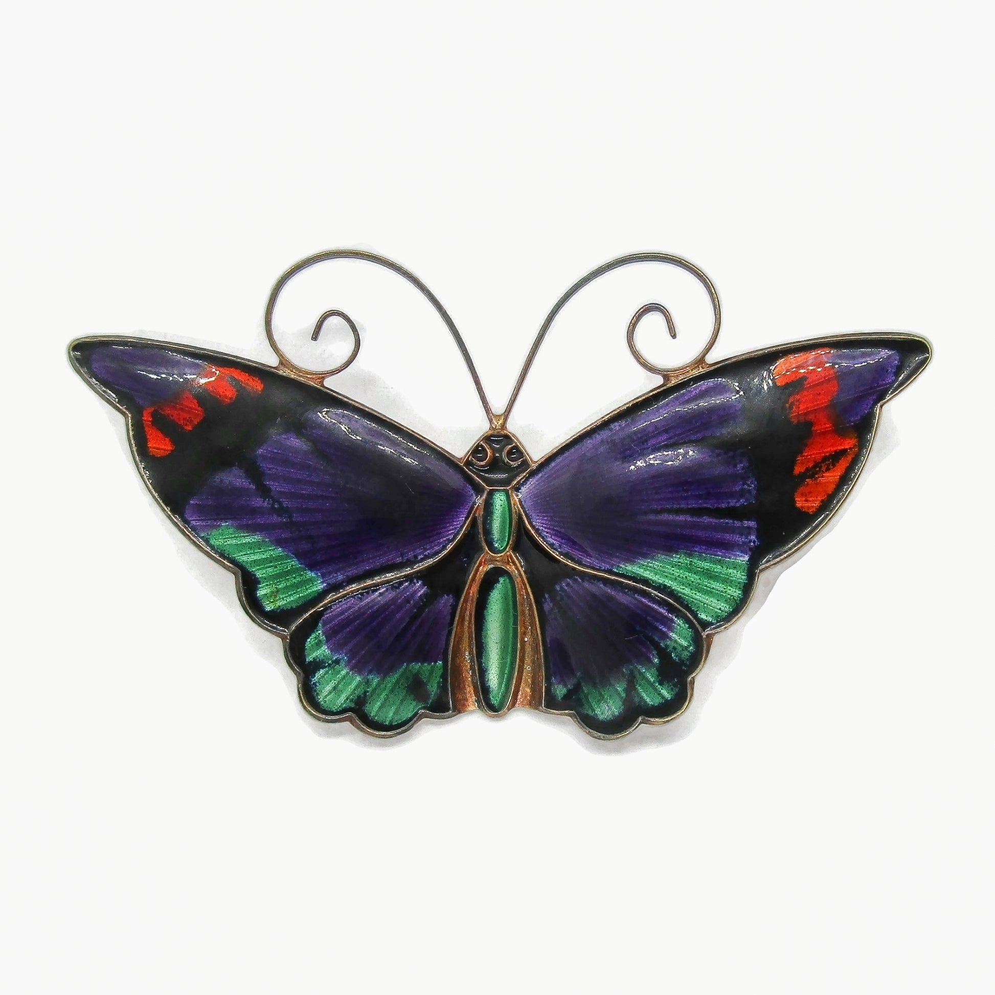 Front view of large David Andersen Norway enamel and sterling silver gilt butterfly brooch