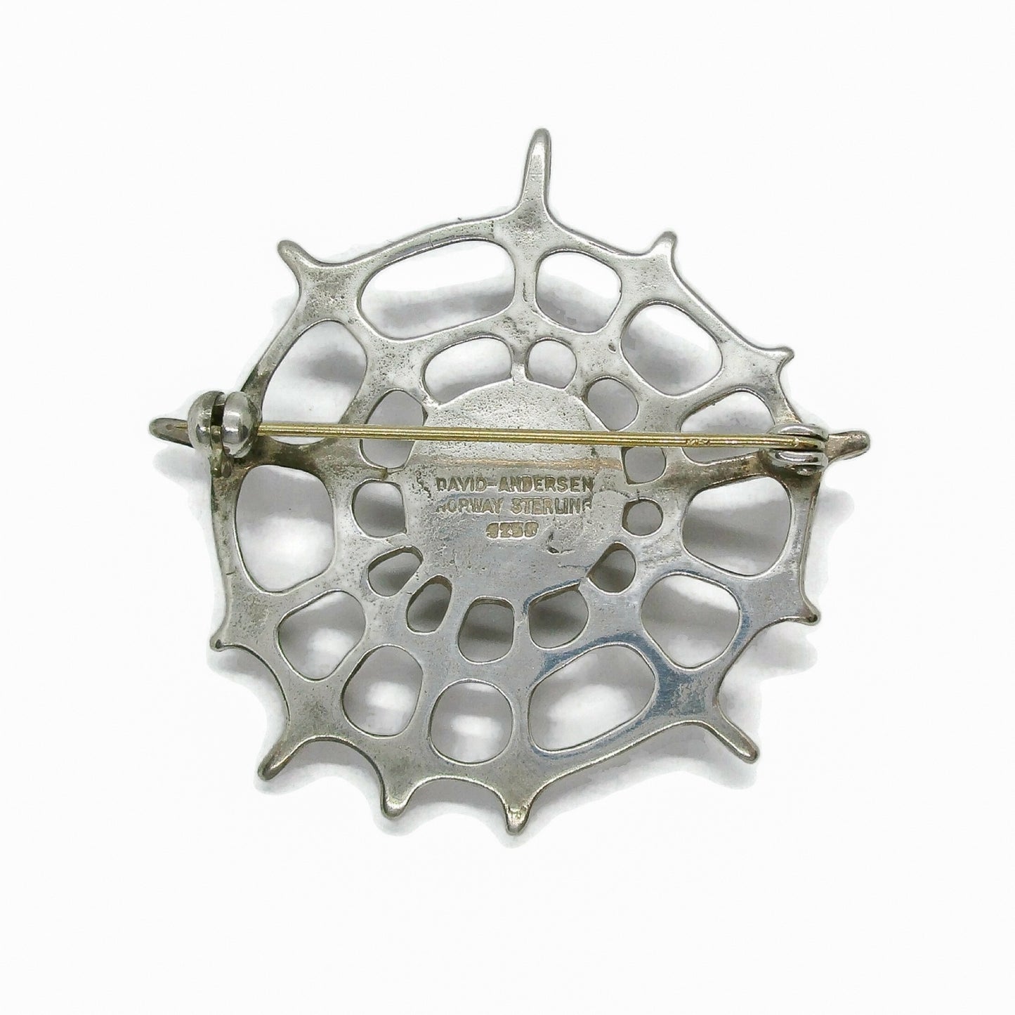 David Andesen Norway sterling silver Troll series spiderweb brooch back view showing hallmarks