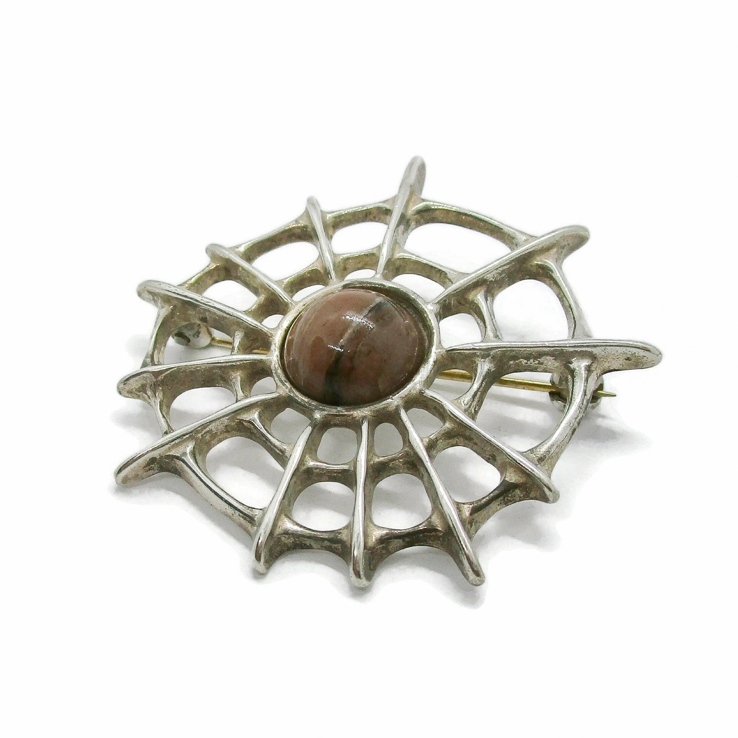 Side view of David Andersen Norway sterling silver and thulite Troll series spiderweb brooch