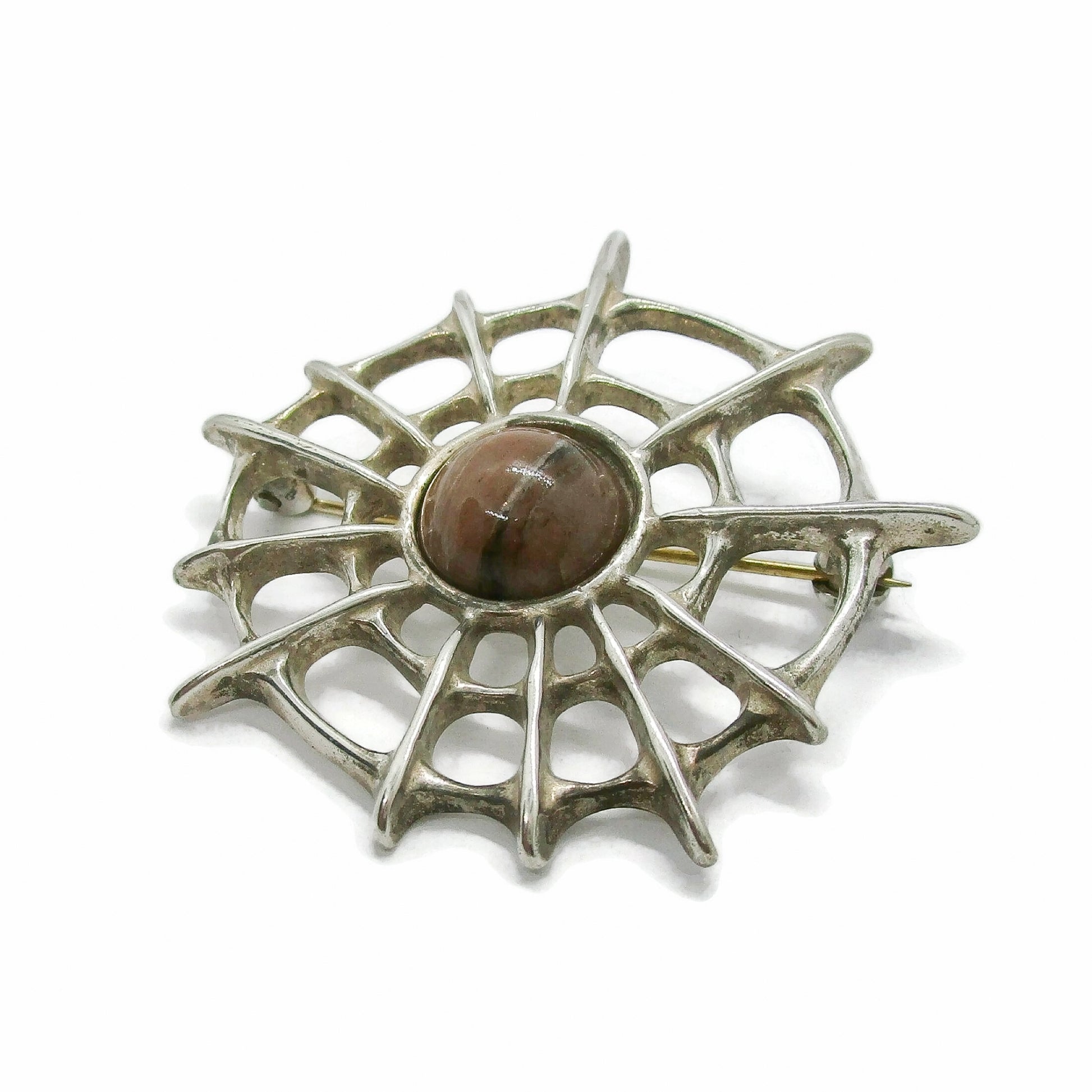 Side view of David Andersen Norway sterling silver and thulite Troll series spiderweb brooch