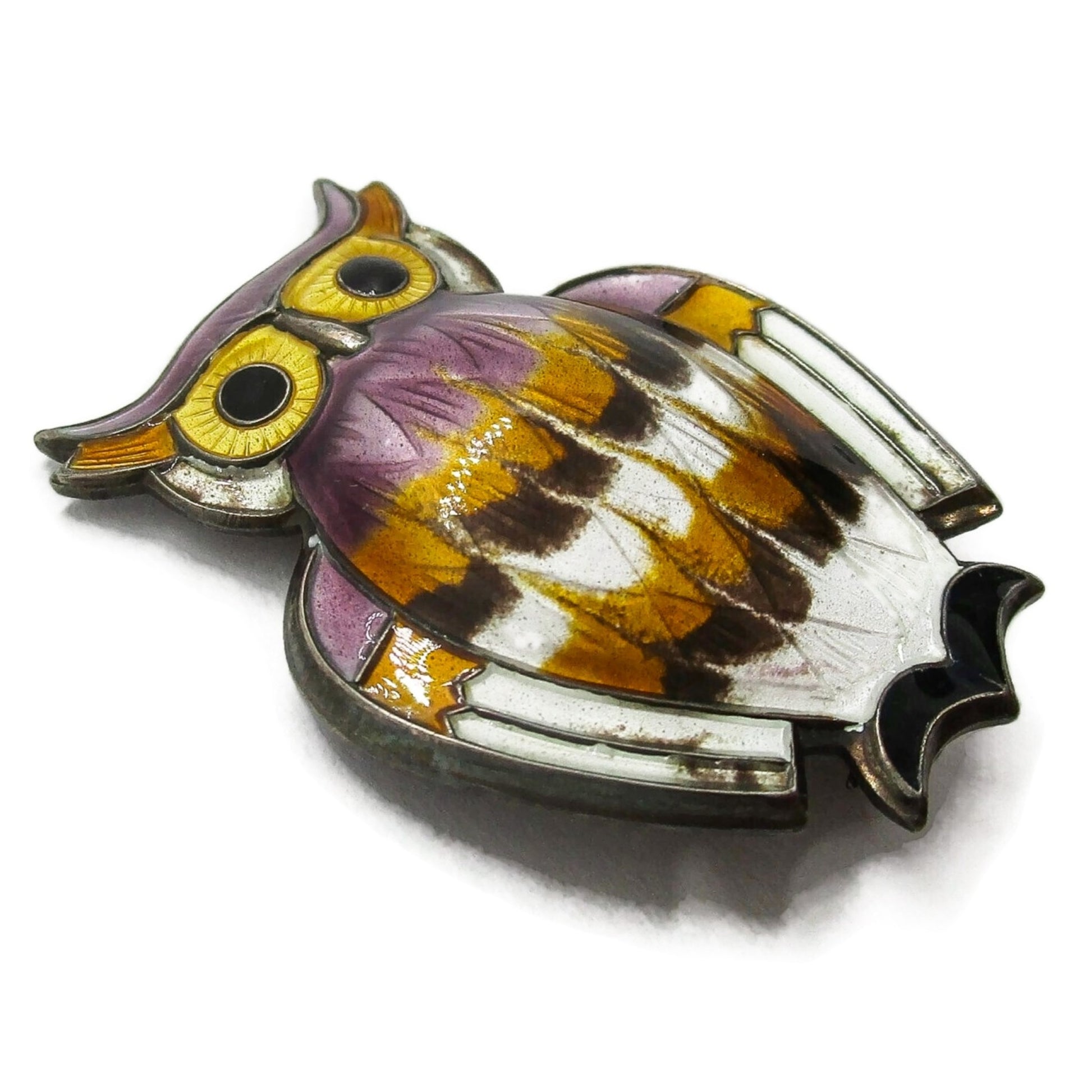 David Andersen sterling silver and enamel owl brooch viewed from the bottom