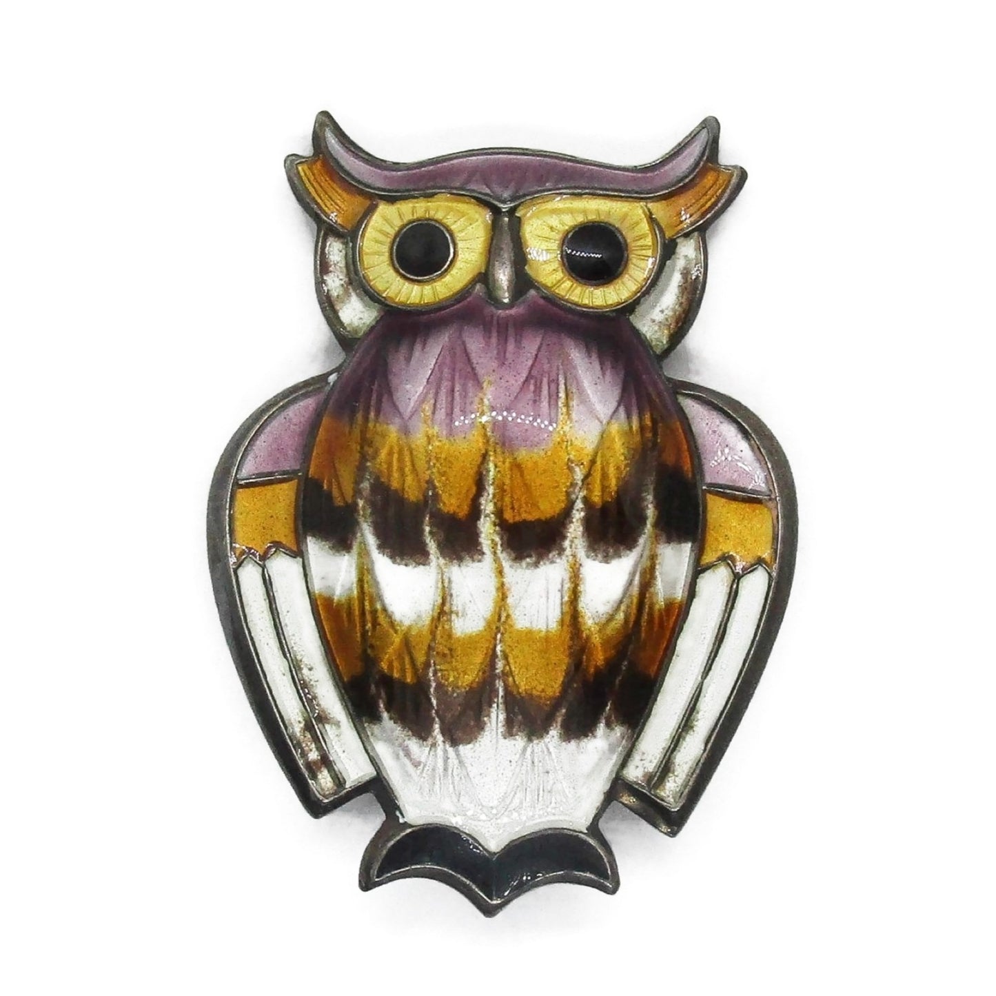 Front view of David Andersen sterling silver gilt and enamel owl brooch 