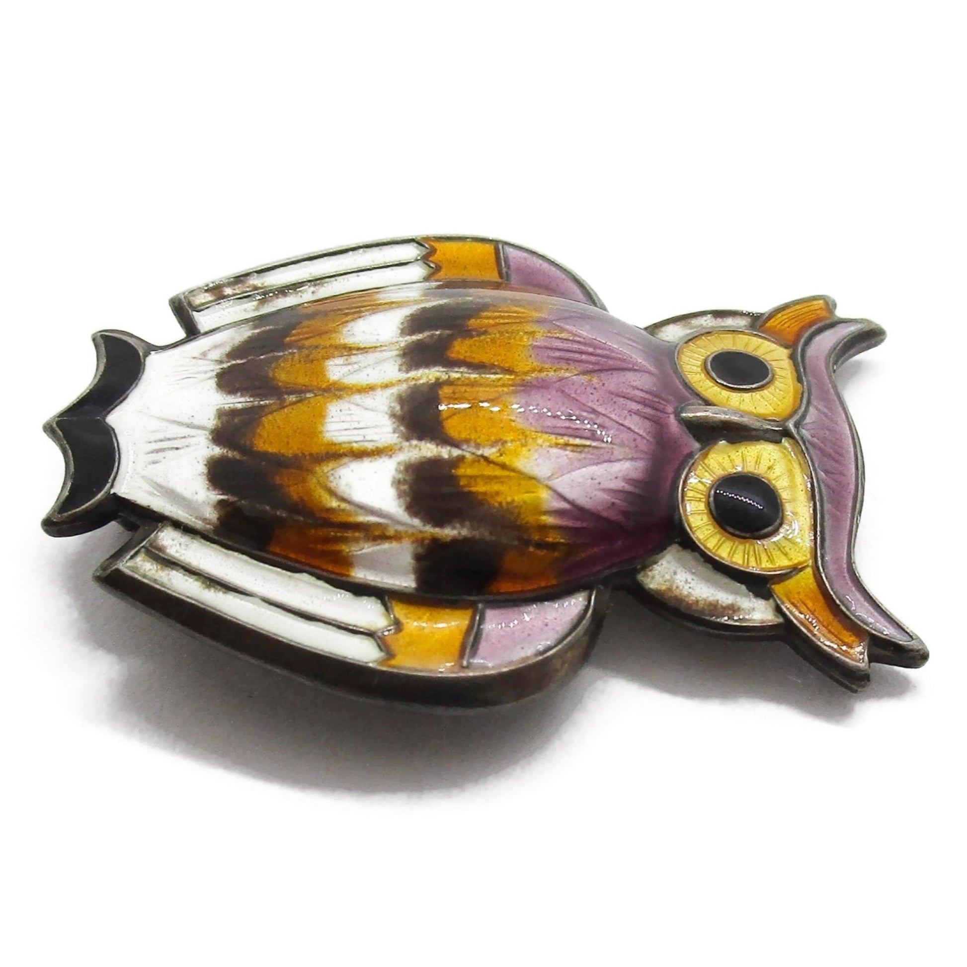 David Andersen sterling silver gilt and enamel owl brooch lying on its side