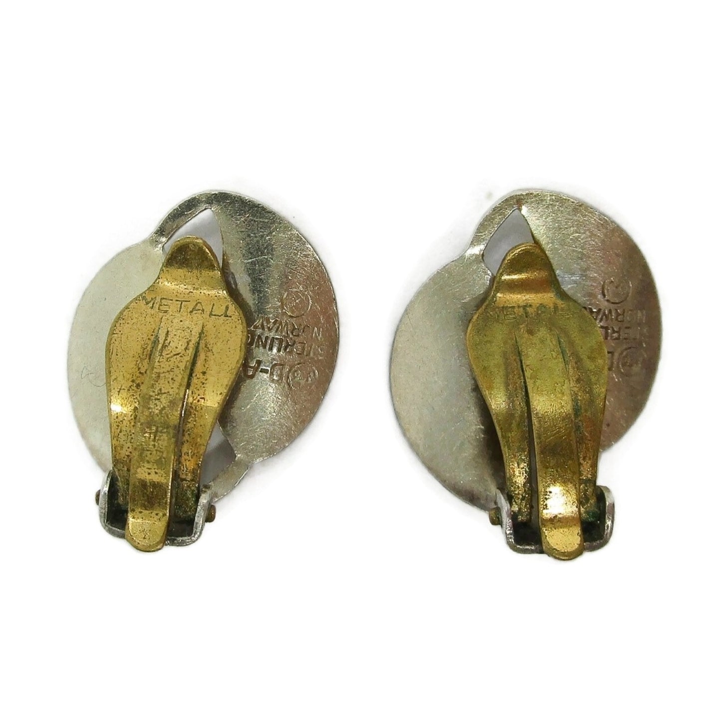 Back view of a pair of David Andersen Norway small yellow enamel double leaf clip on earrings