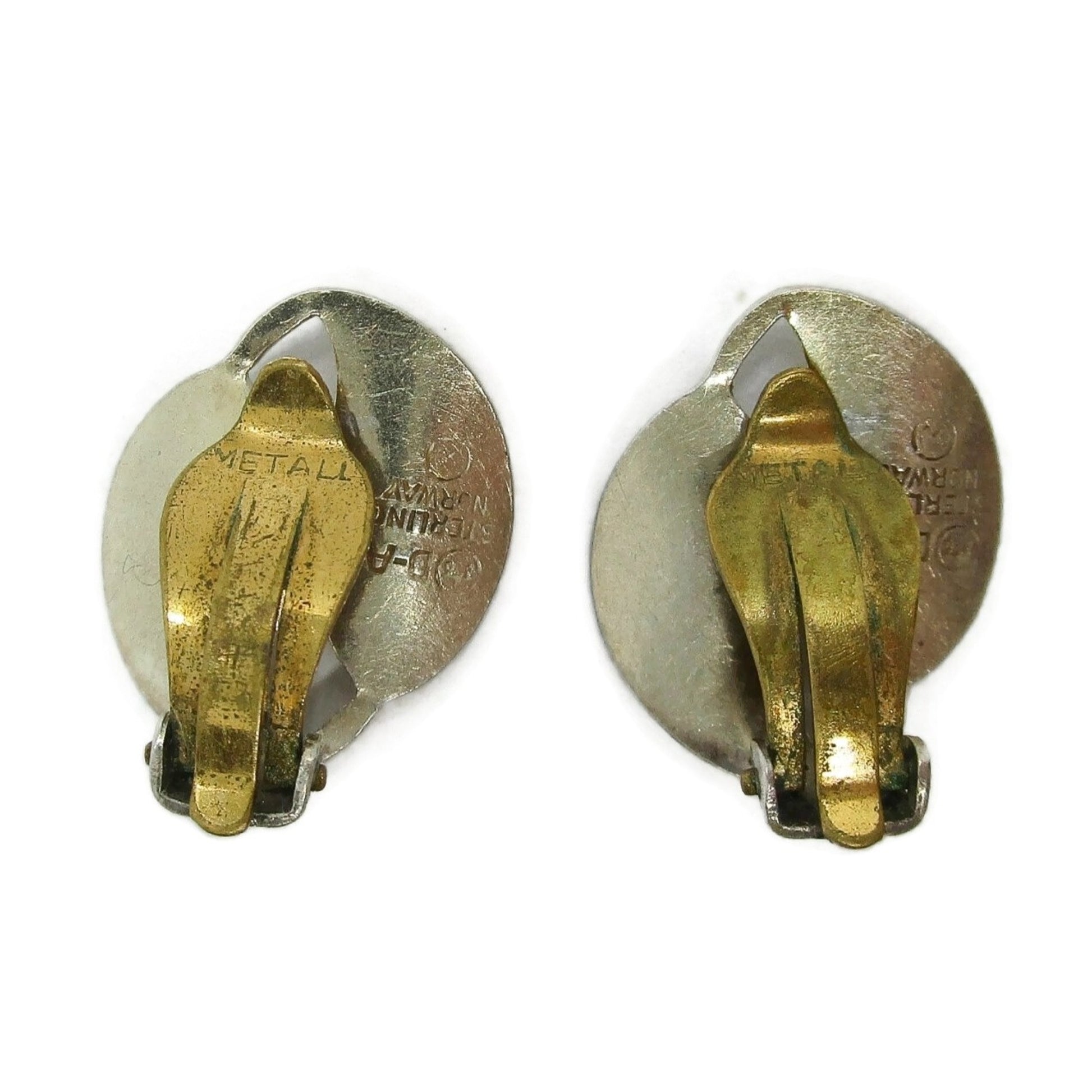 Back view of a pair of David Andersen Norway small yellow enamel double leaf clip on earrings