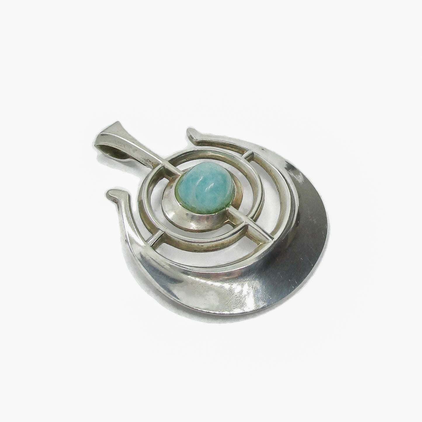 Angled view of a David Andersen Norway sterling silver and amazonite "Ship of Good Fortune" pendant from the Troll series
