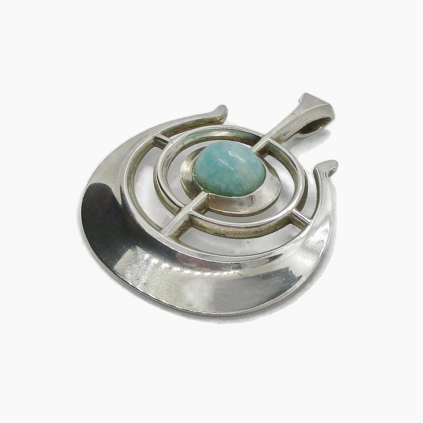 Close up view of a David Andersen Norway sterling silver and amazonite "Ship of Good Fortune" pendant from the Troll series