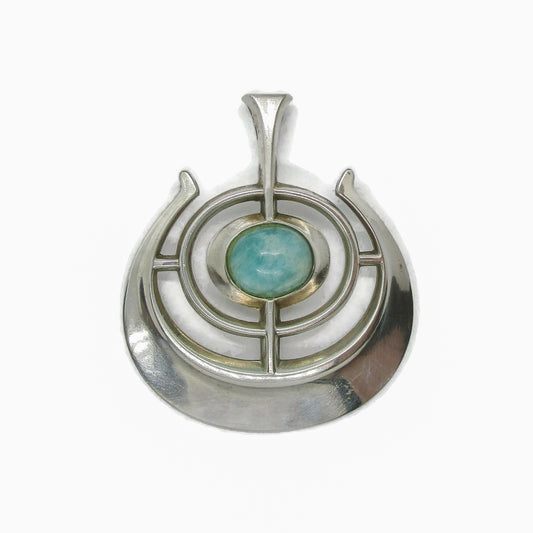 Front view of a David Andersen Norway sterling silver and amazonite "Ship of Good Fortune" pendant from the Troll series