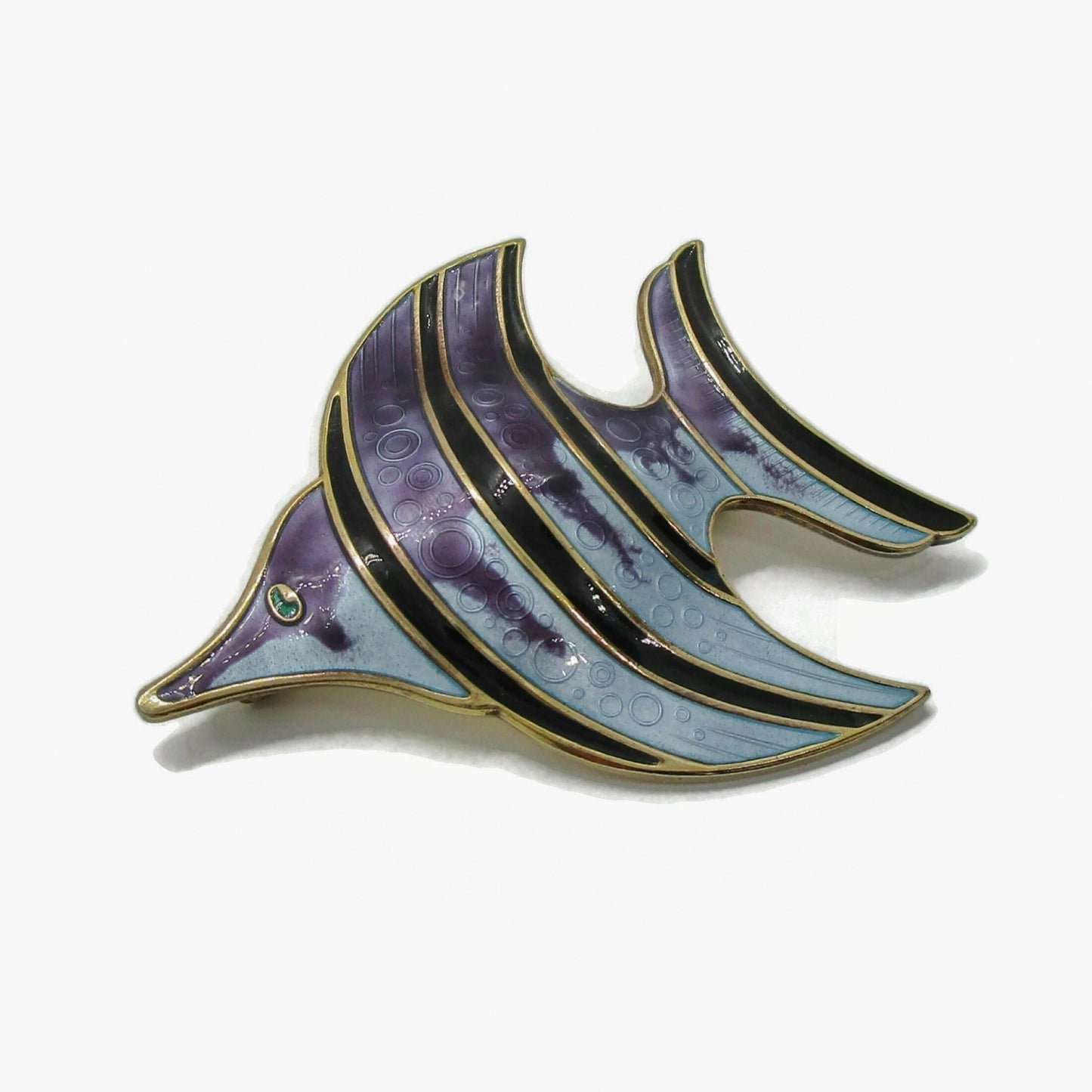 Angled view of a David Andersen sterling silver gilt and enamel angel fish brooch