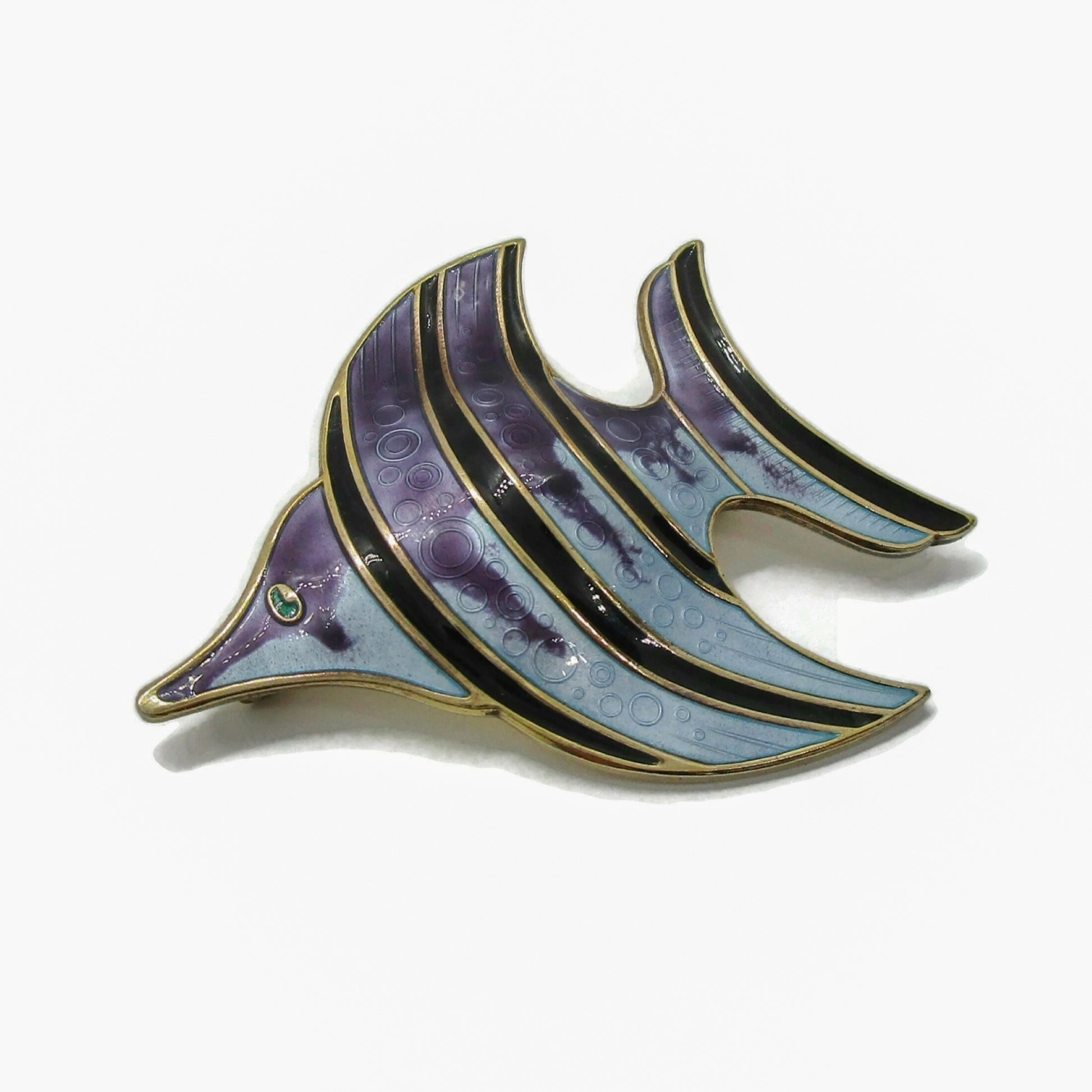 Angled view of a David Andersen sterling silver gilt and enamel angel fish brooch