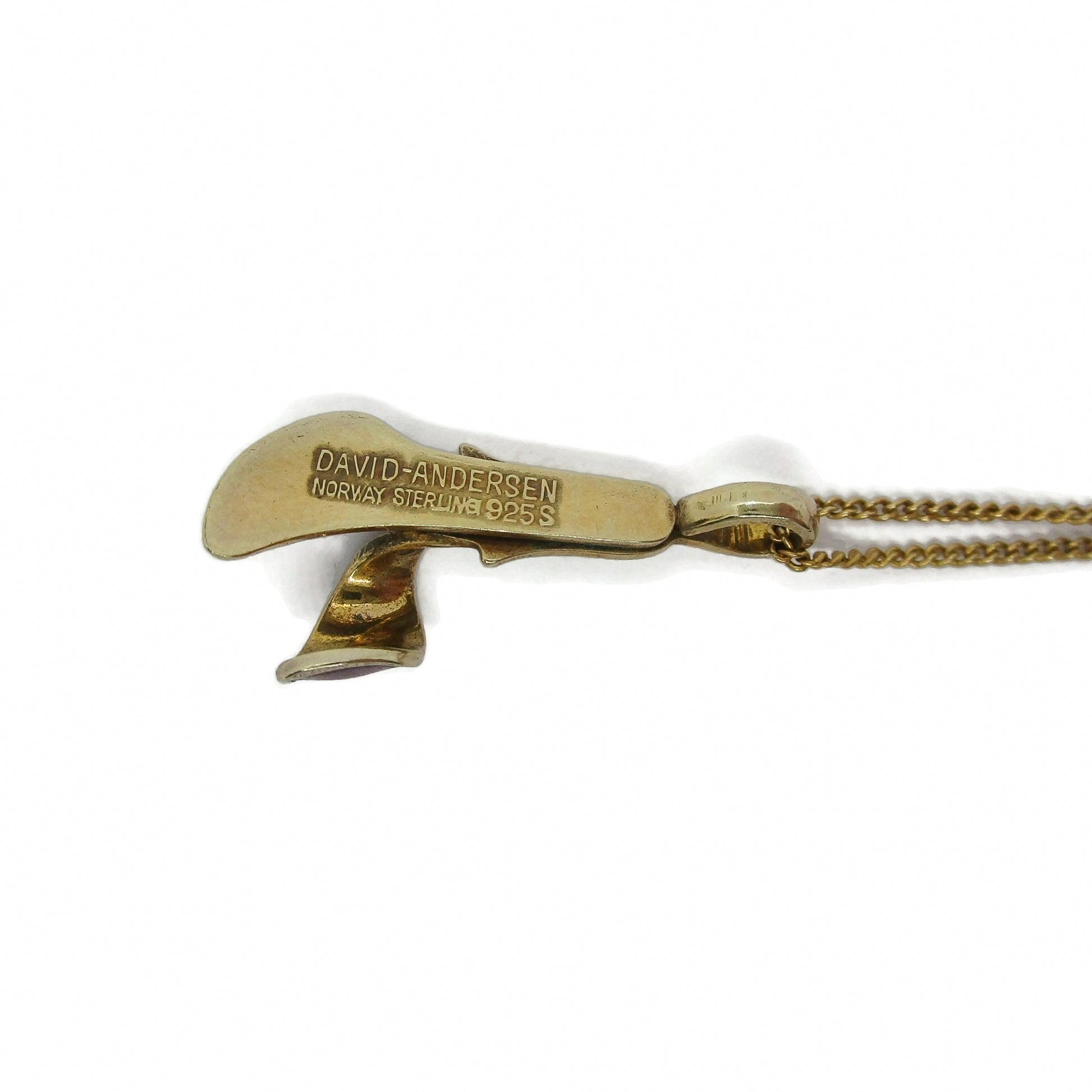 Back view of a David Andersen Norway sterling silver gilt flower pendant showing hallmarks