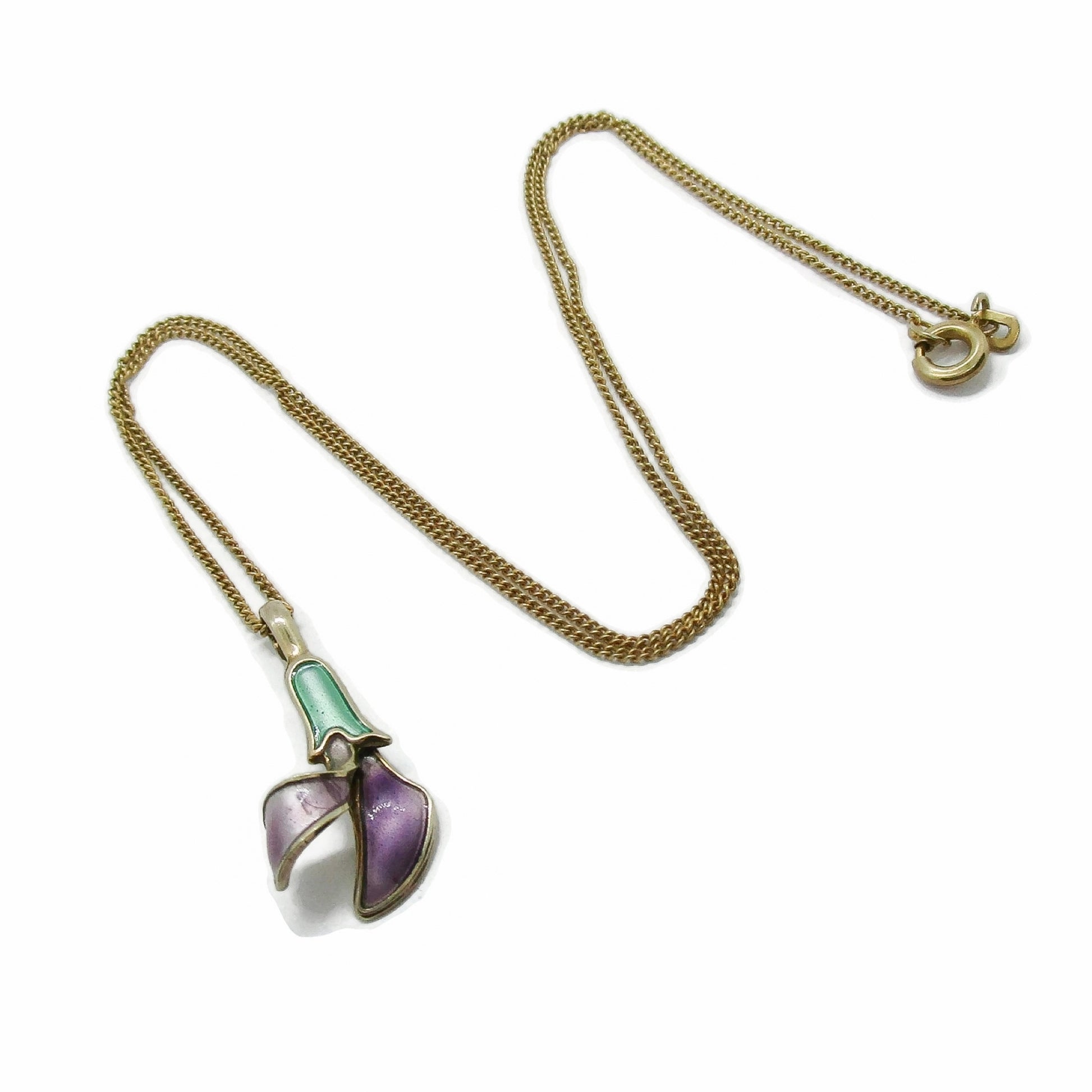 A David Andersen Norway sterling silver gilt and enamel flower pendant on a gold coloured chain 