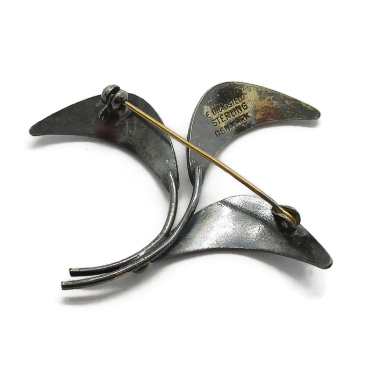 Back view of E Dragsted Denmark sterling silver brooch showing hallmarks