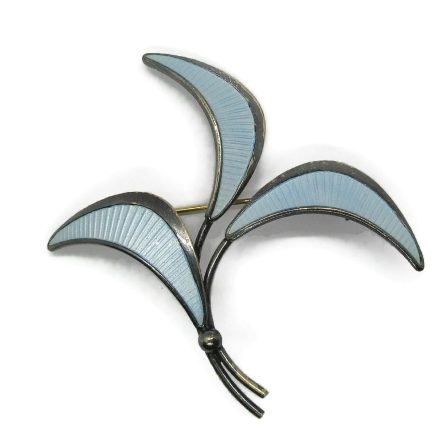 Front view of E Dragsted Denmark blue guilloche enamel and sterling silver brooch