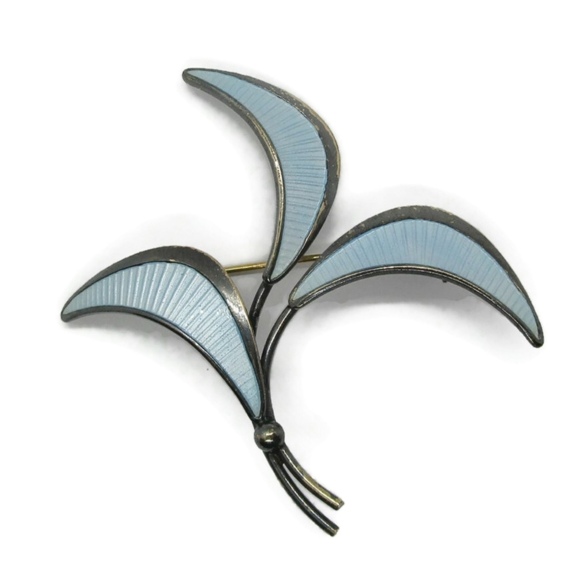Front view of E Dragsted Denmark blue guilloche enamel and sterling silver brooch