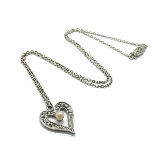 A sterling silver, marcasite and pearl heart shaped pendant with chain by Gay Charm Australia
