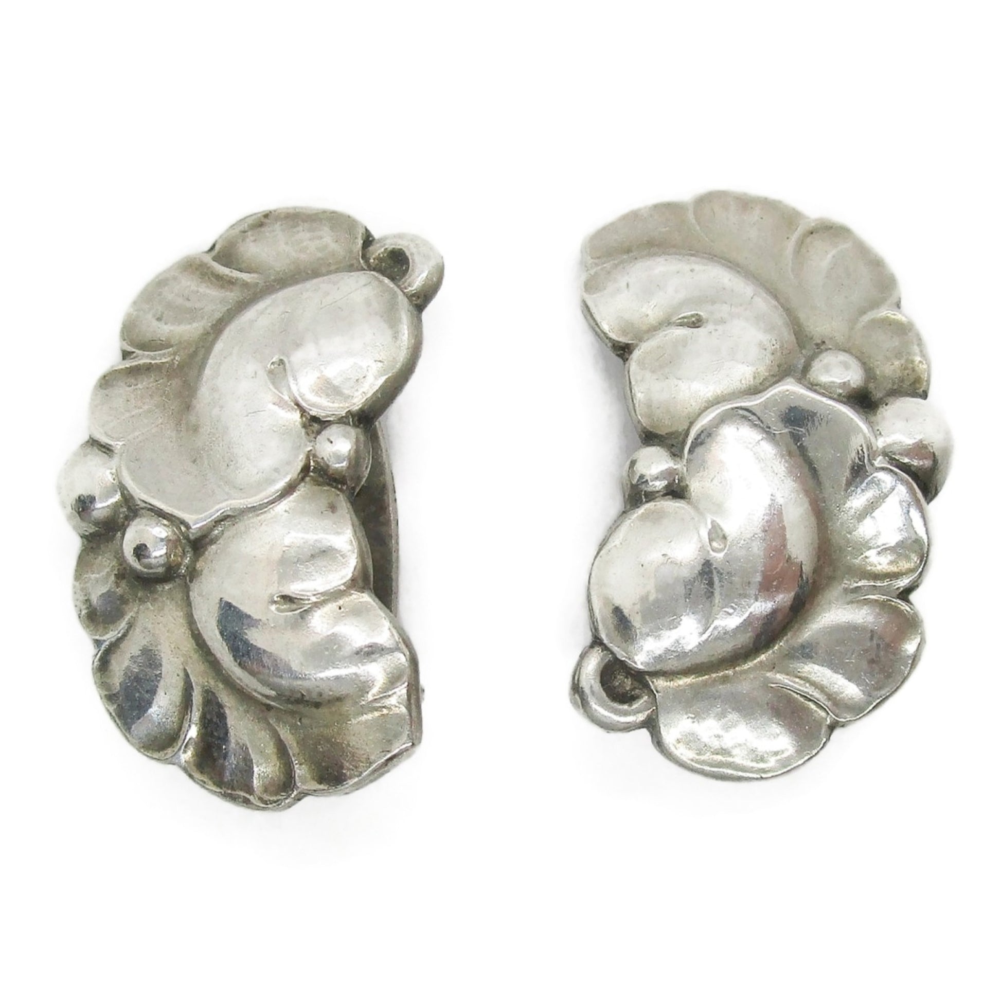 Front view of a pair of Georg Jensen sterling silver clip on earrings design number 50A