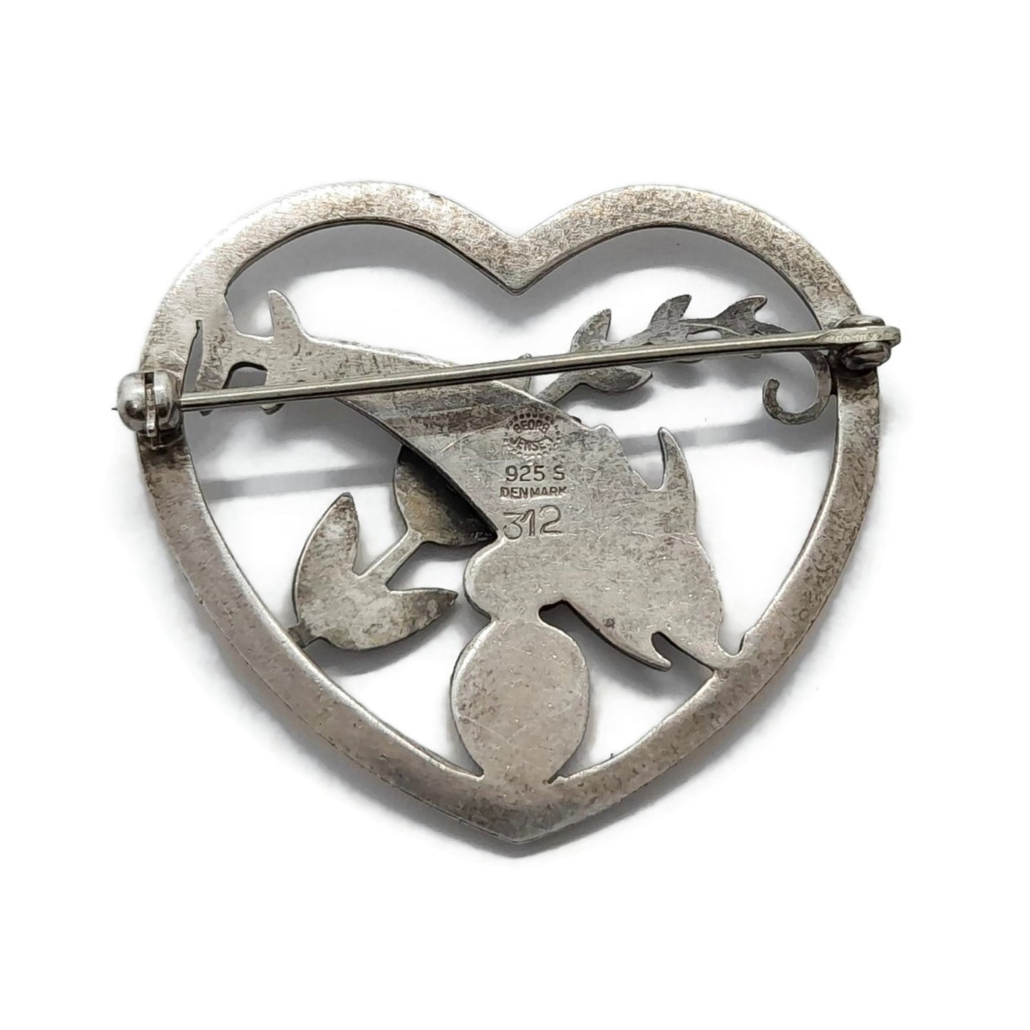 Back view of Georg Jensen Denmark sterling silver dolphins a heart brooch number 312 showing hallmarks