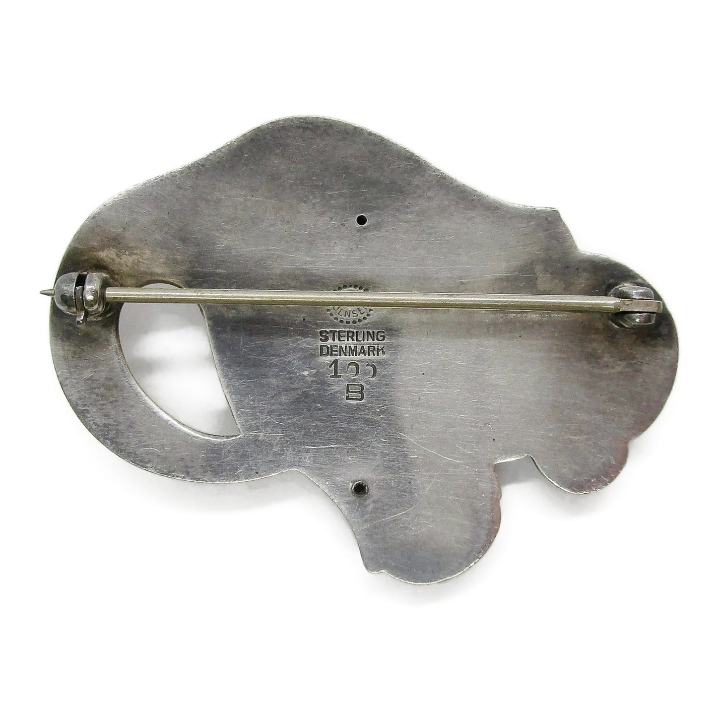 Back view of Georg Jensen sterling silver tulip brooch number 100B showing hallmarks