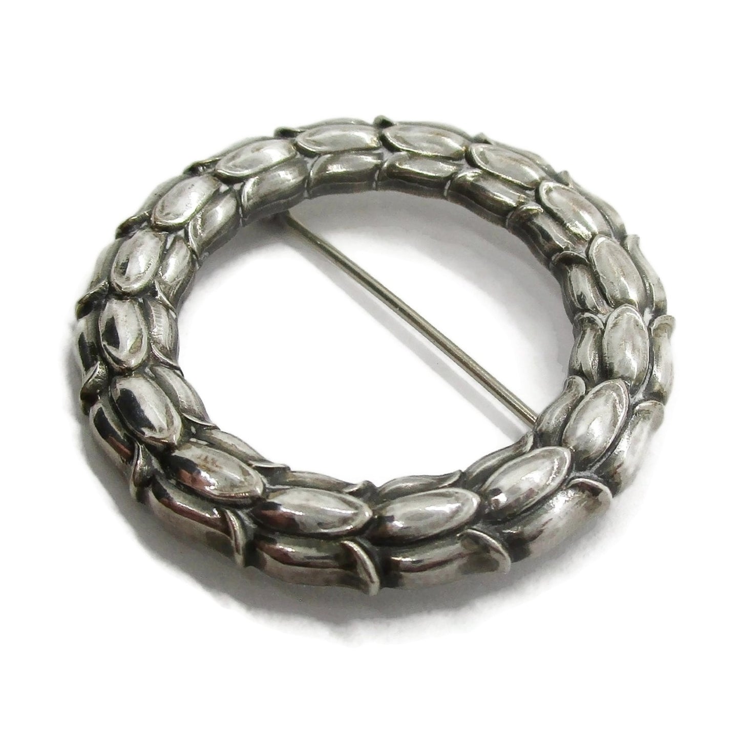 Georg Jensen Denmark sterling silver wreath brooch number 301 seen from the side