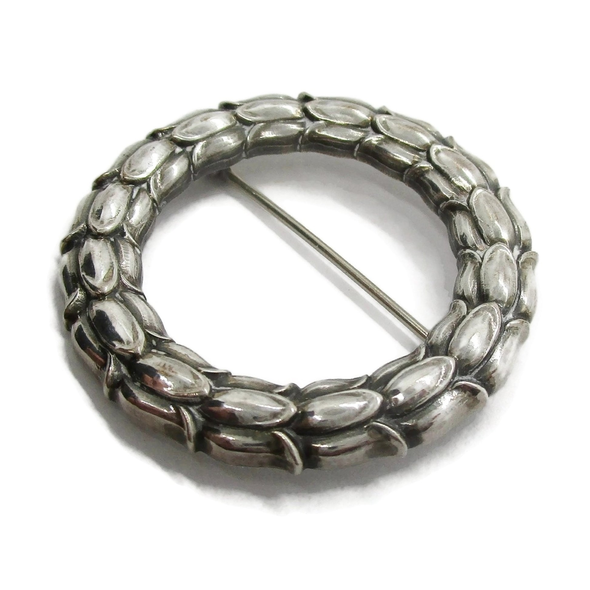 Georg Jensen Denmark sterling silver wreath brooch number 301 seen from the side