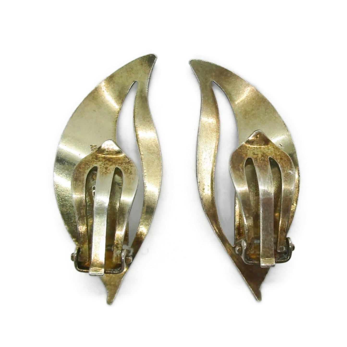 Back view of a pair of Hroar Prydz Norway green enamel and sterling silver gilt leaf shaped clip on earrings