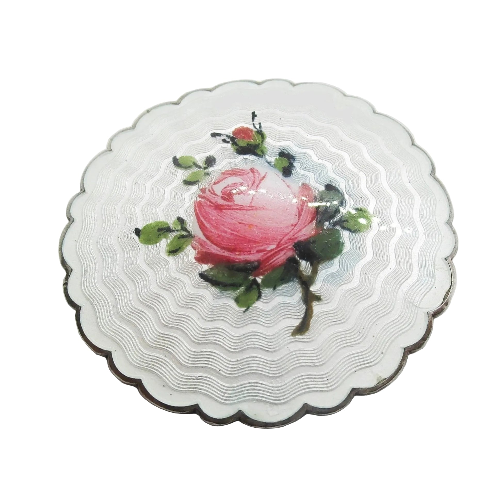 An Ivar Holth Norway large pink rose sterling silver enamel brooch on a white background