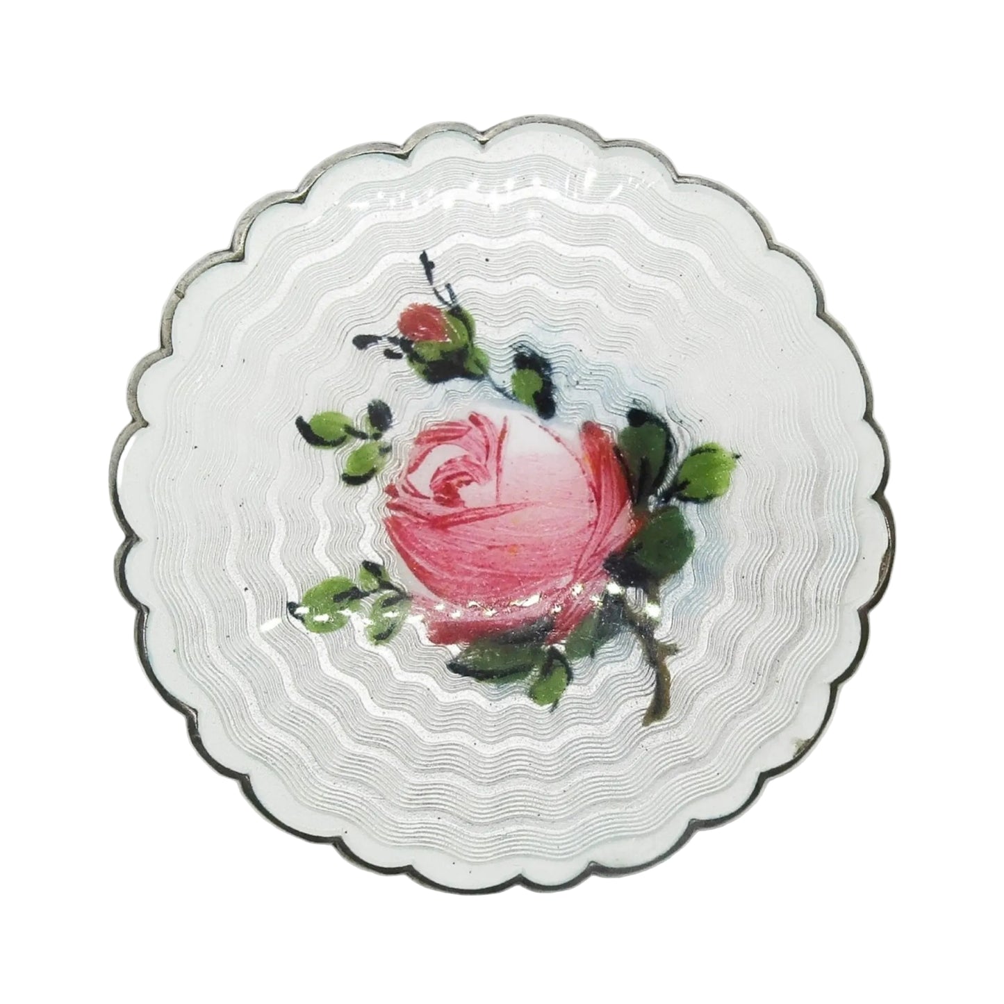 Front view of an Ivar Holth Norway large pink rose sterling silver enamel brooch