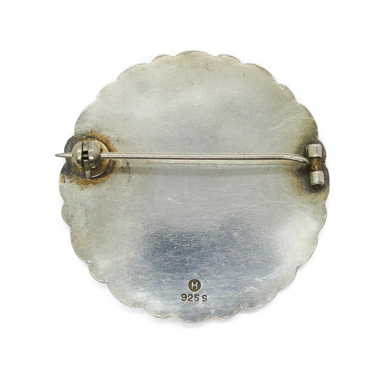 Large Ivar Holth sterling silver and enamel brooch showing man in sled pulled by reindeer back view shoing hallmarks
