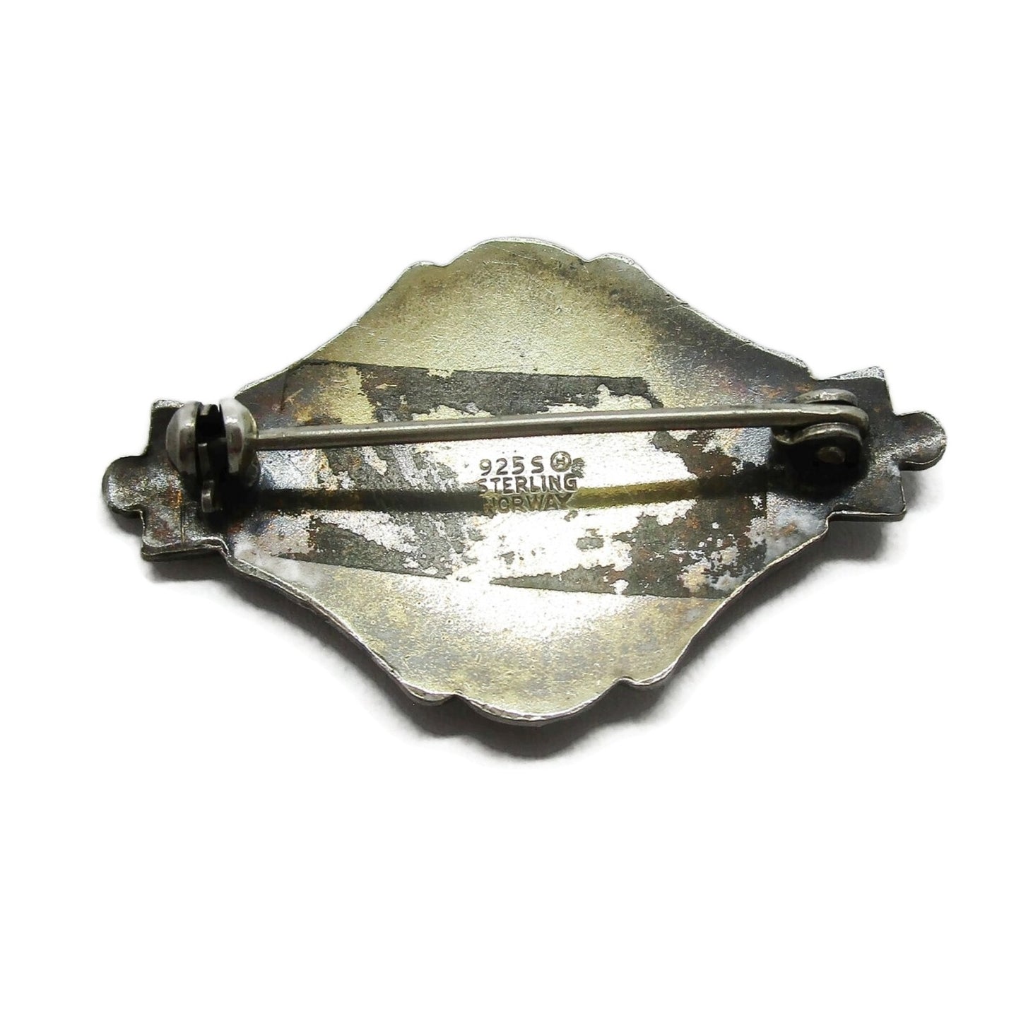 Back view of small shield shaped Ivar Holth Norway sterling silver enamel pink rose brooch showing hallmarks