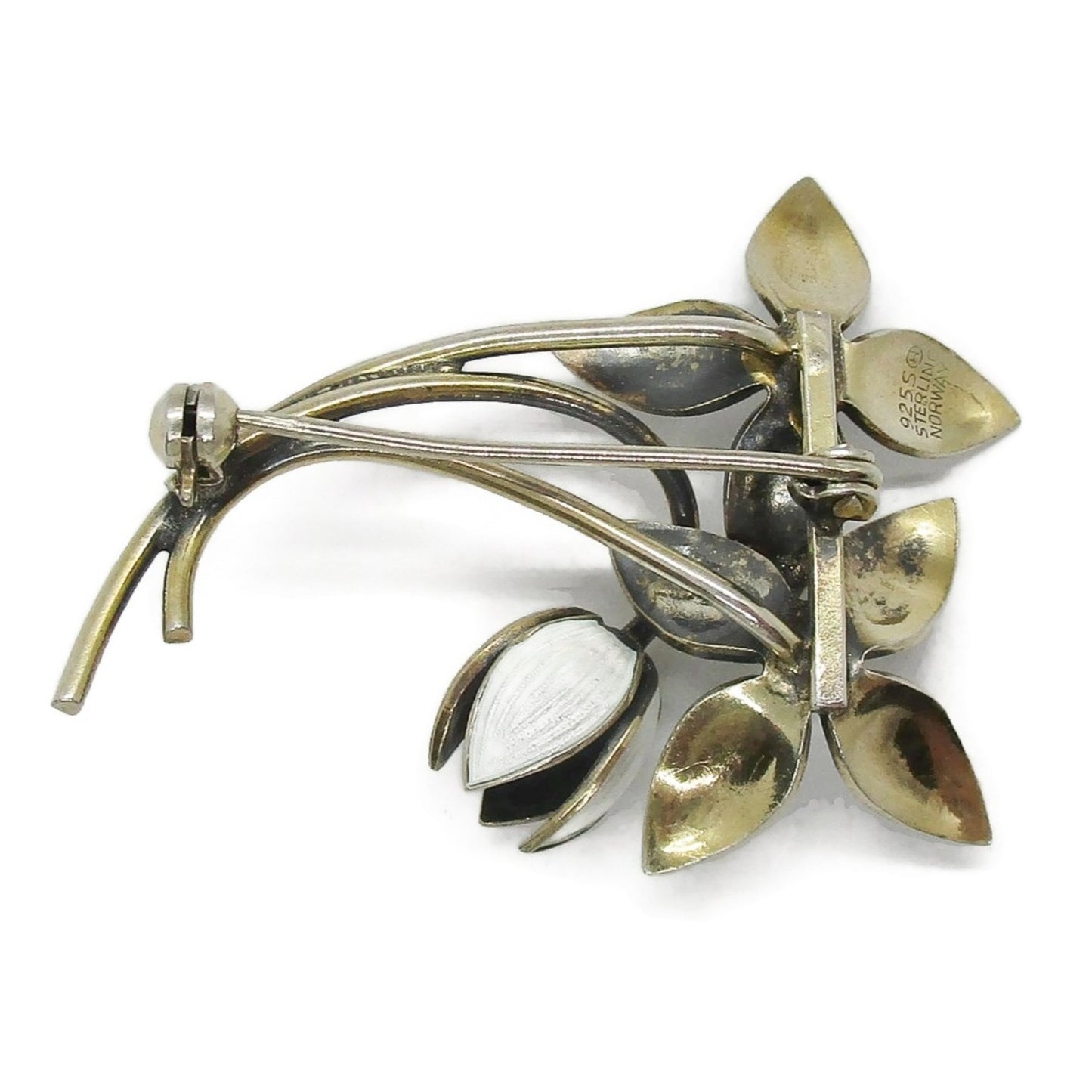 Back view of an Ivar Holth Norway sterling silver gilt and white enamel flower spray brooch showing hallmarks