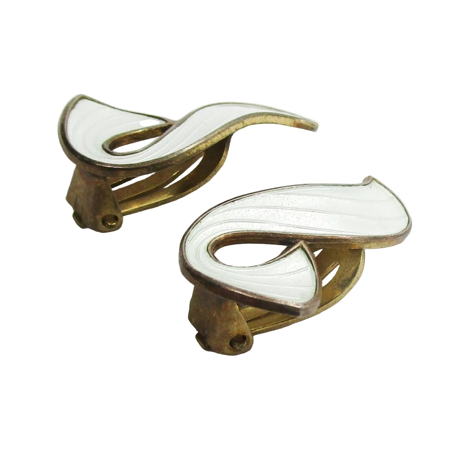 A pair of Ivar Holth Norway clip on earrings in sterling silver gilt and white guilloche enamel seen from the side