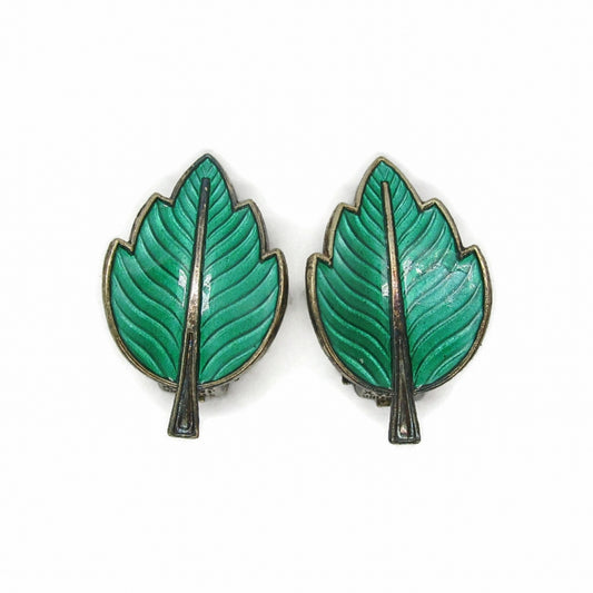 Front view of a pair of Jemax Denmark sterling silver and green enamel leaf clip on earrings