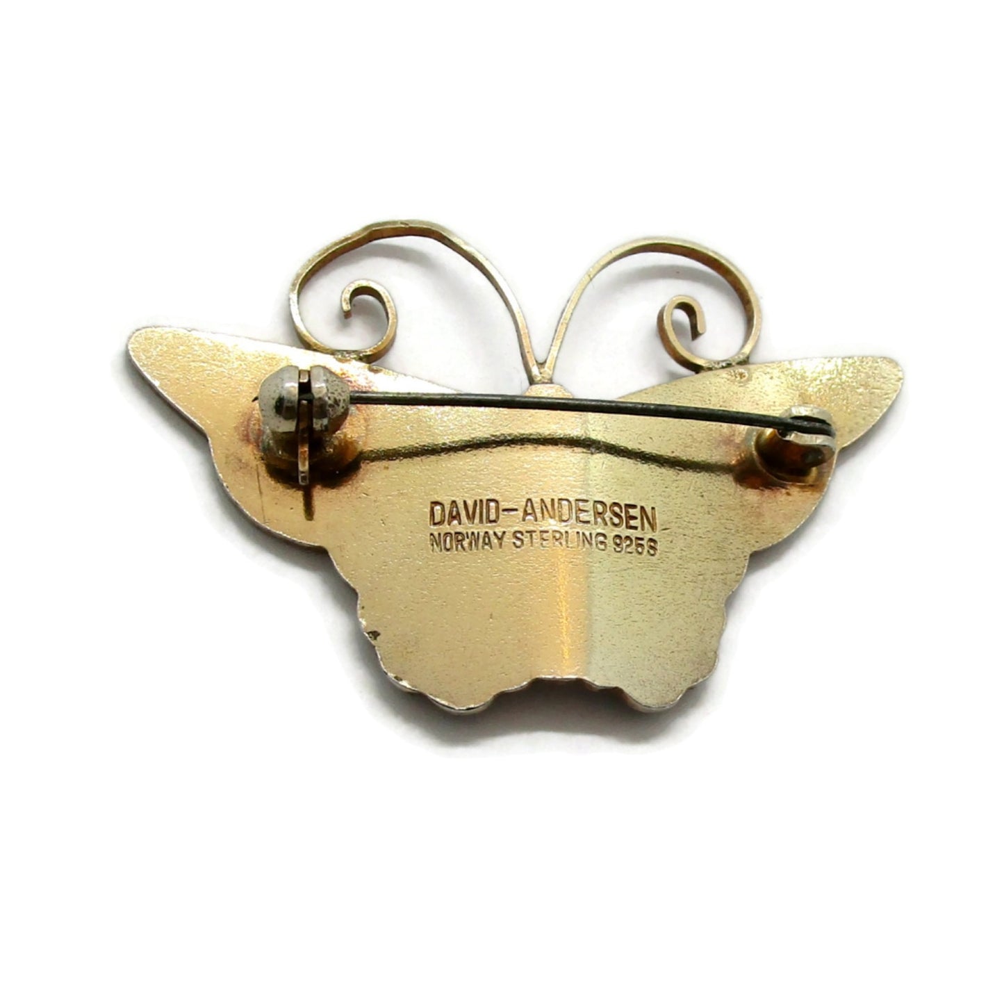 Large David Andersen sterling silver gilt and multi colour enamel butterfly brooch back view showing hallmarks