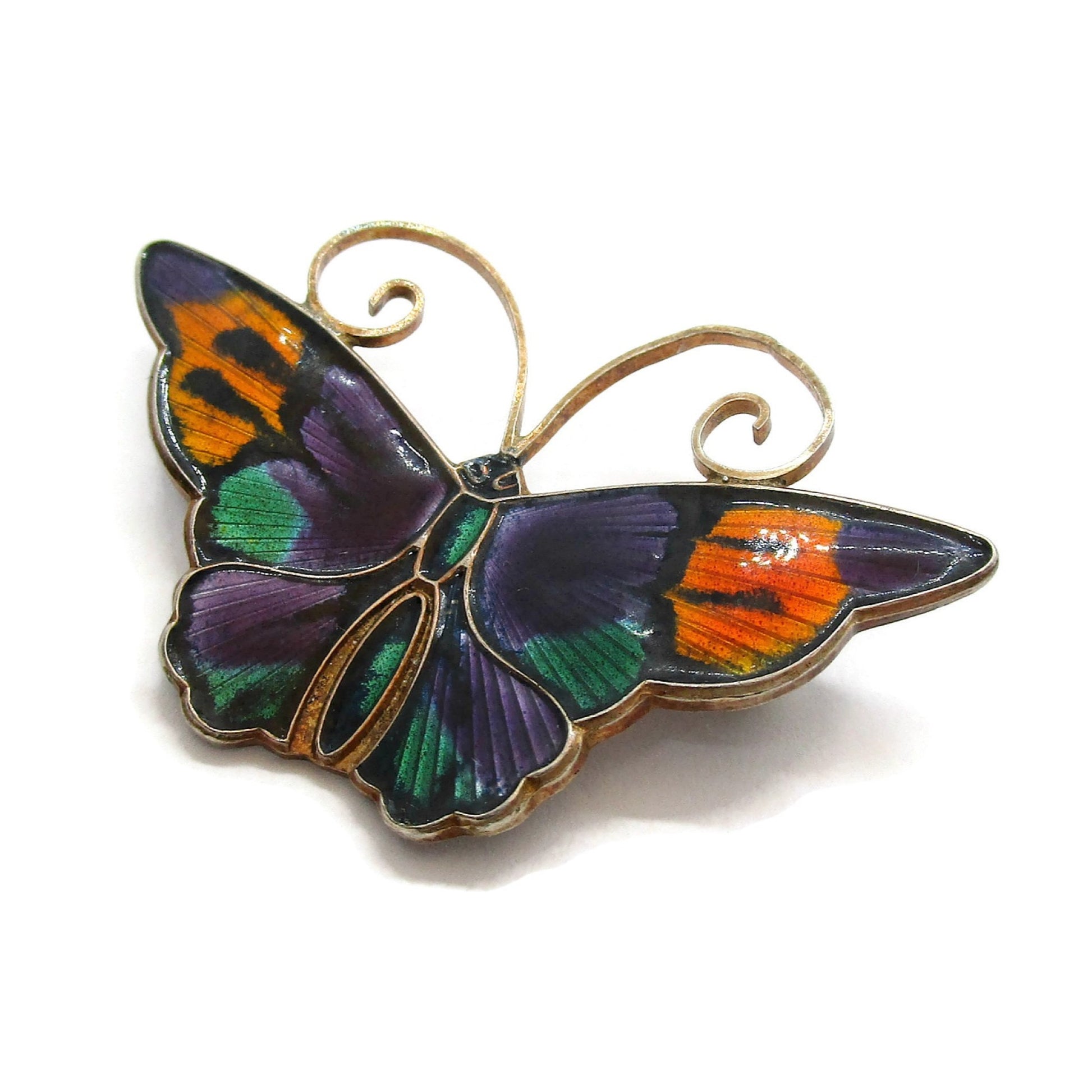 Large David Andersen sterling silver gilt and multi colour enamel butterfly brooch close up