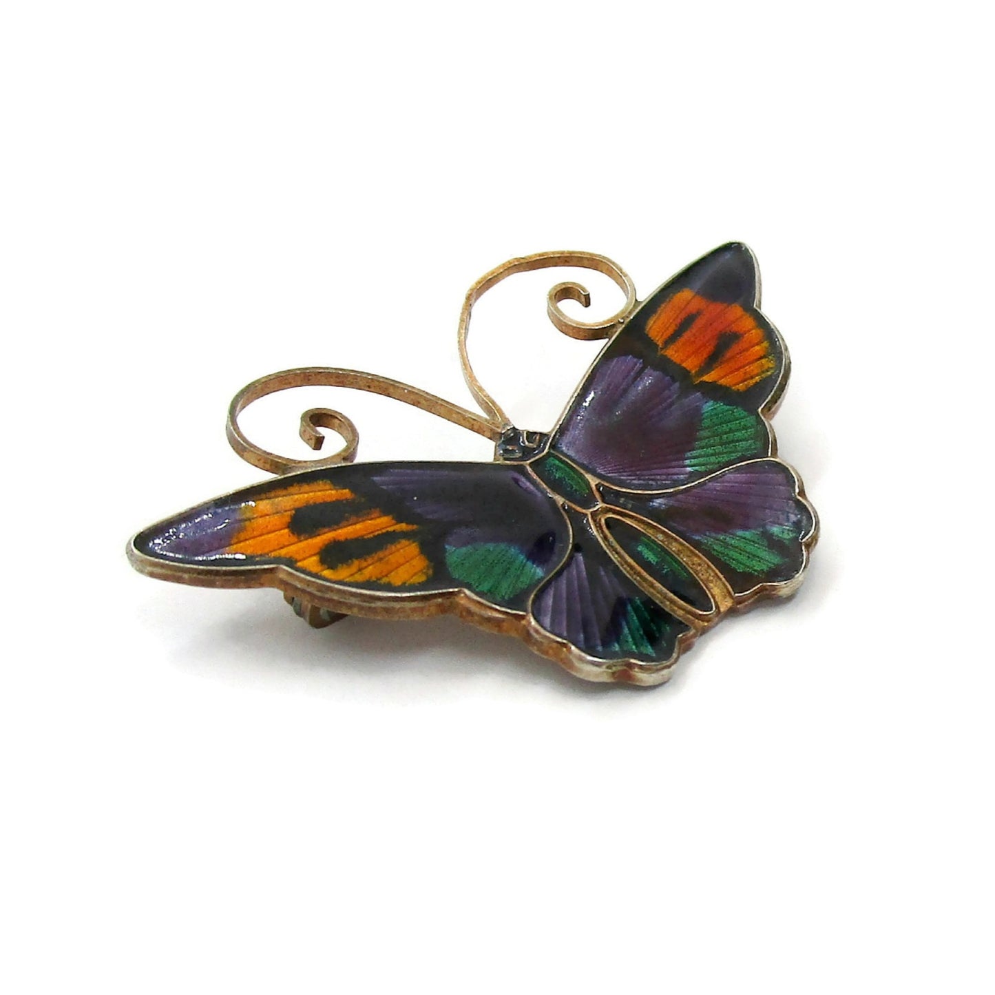 Large David Andersen sterling silver gilt and multi colour enamel butterfly brooch side view