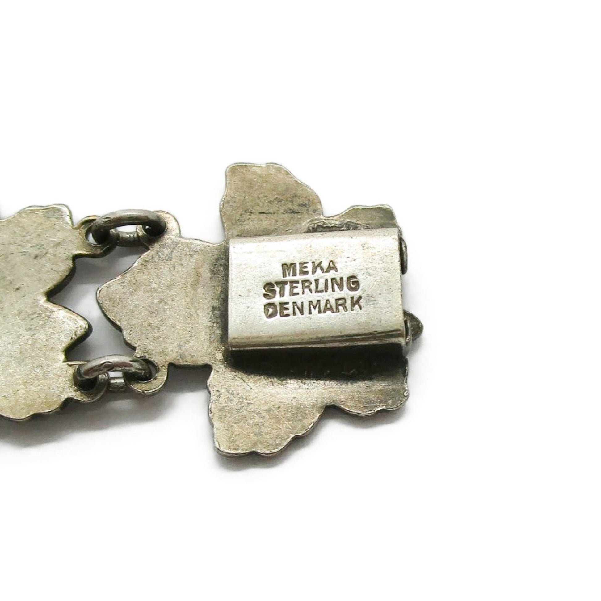 Detail Meka sterling silver and enamel bracelet clasp showing hallmarks