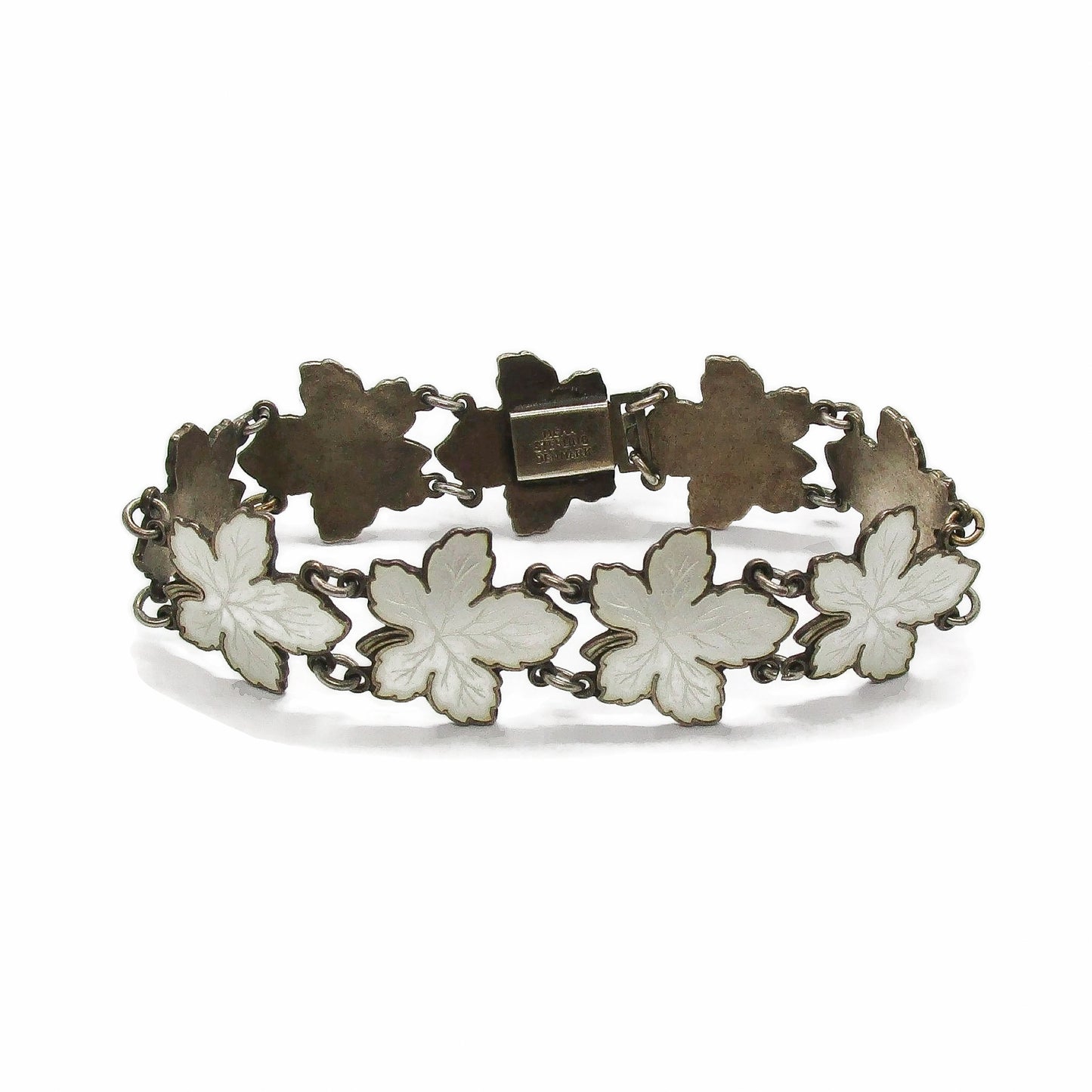 Meka sterling silver and white enamel maple leaf bracelet