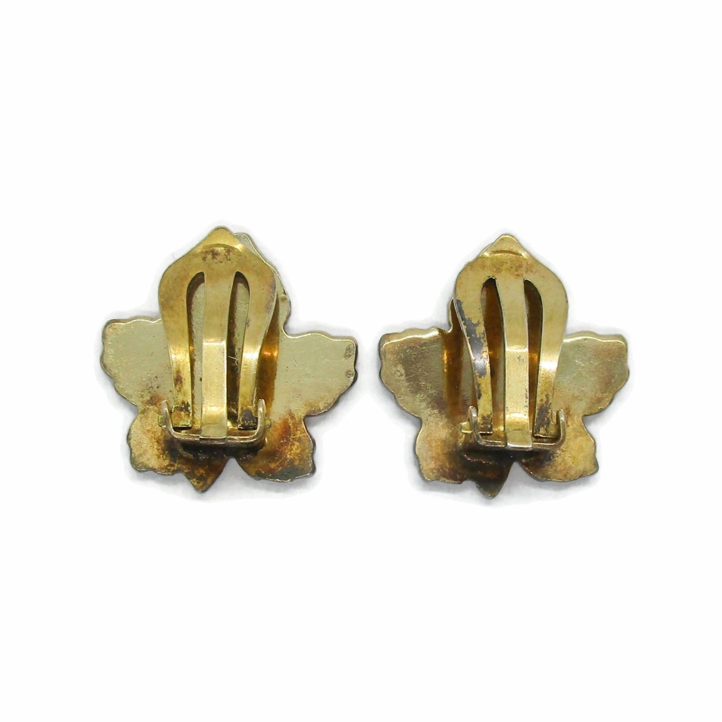 Back view of a pair of Meka Denmark yellow guilloche enamel and sterling silver gilt maple leaf clip on earrings