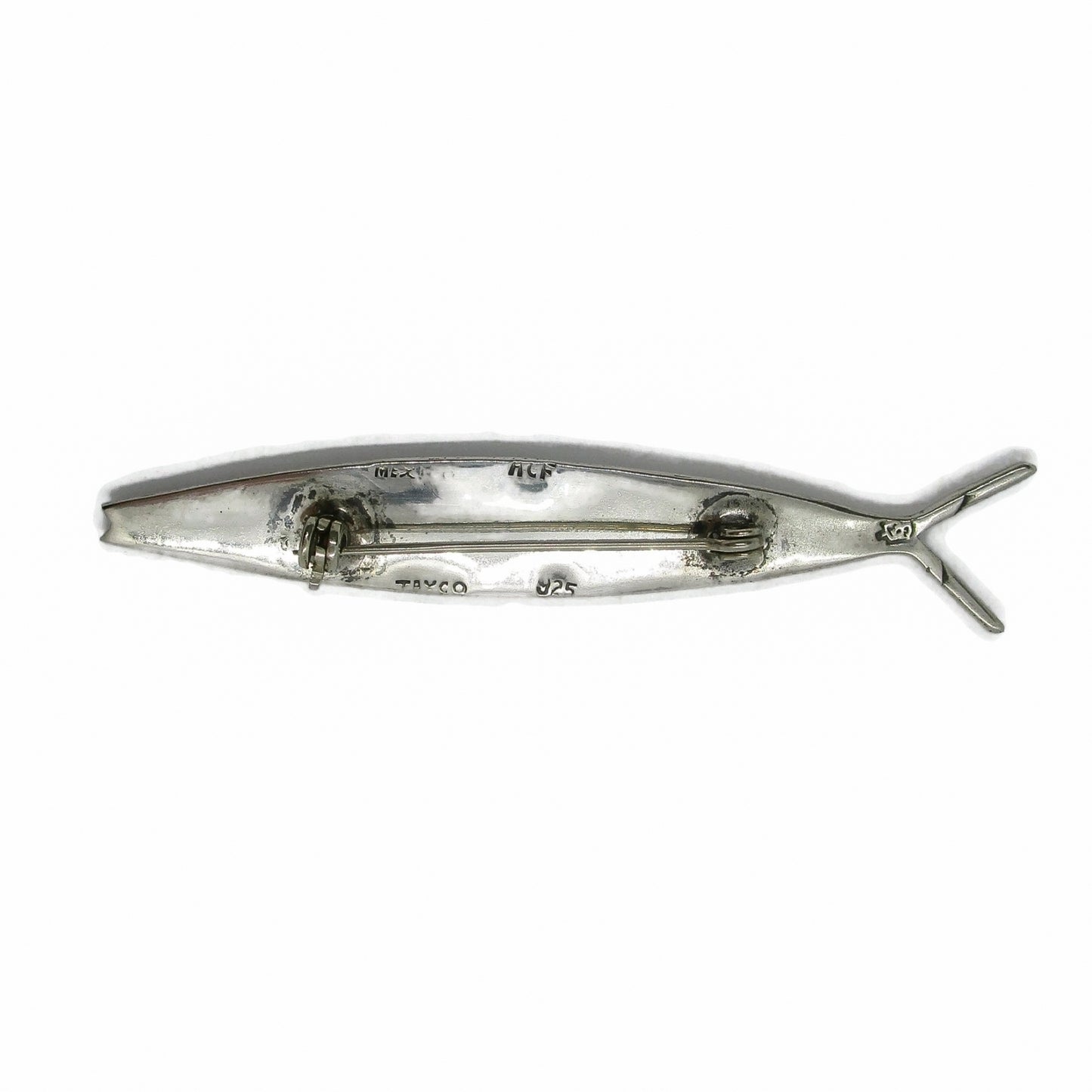 Mexican sterling silver and crushed turquoise fish brooch back view showing hallmarks