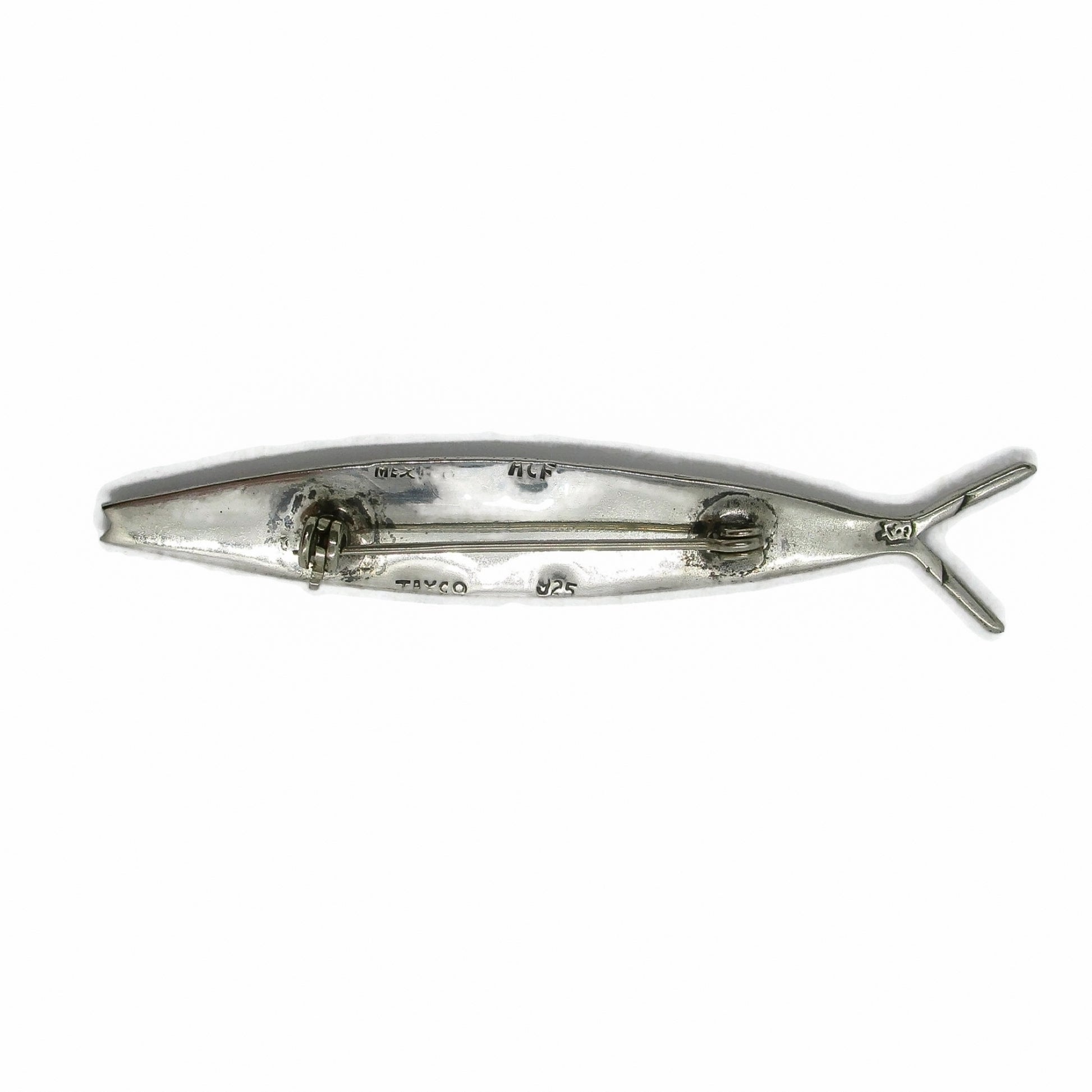 Mexican sterling silver and crushed turquoise fish brooch back view showing hallmarks