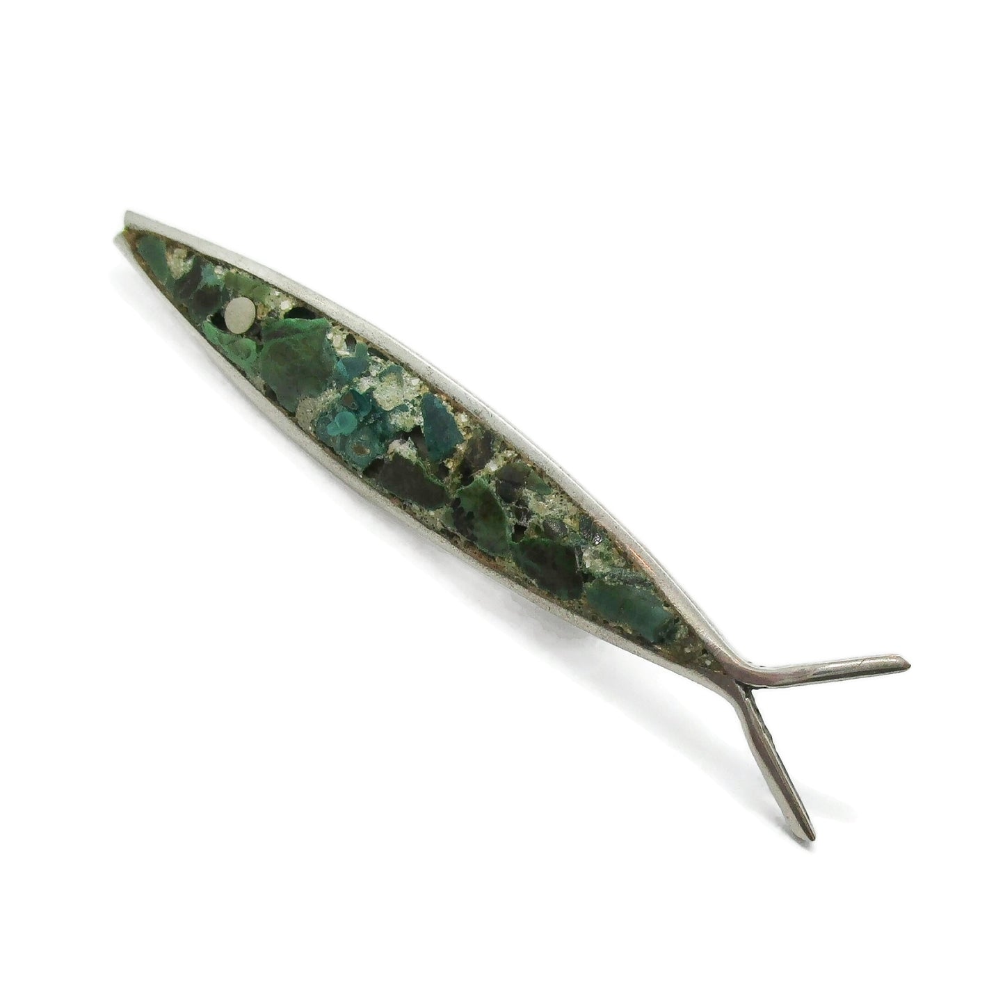 Sterling silver and crushed turquoise Mexican fish brooch front view