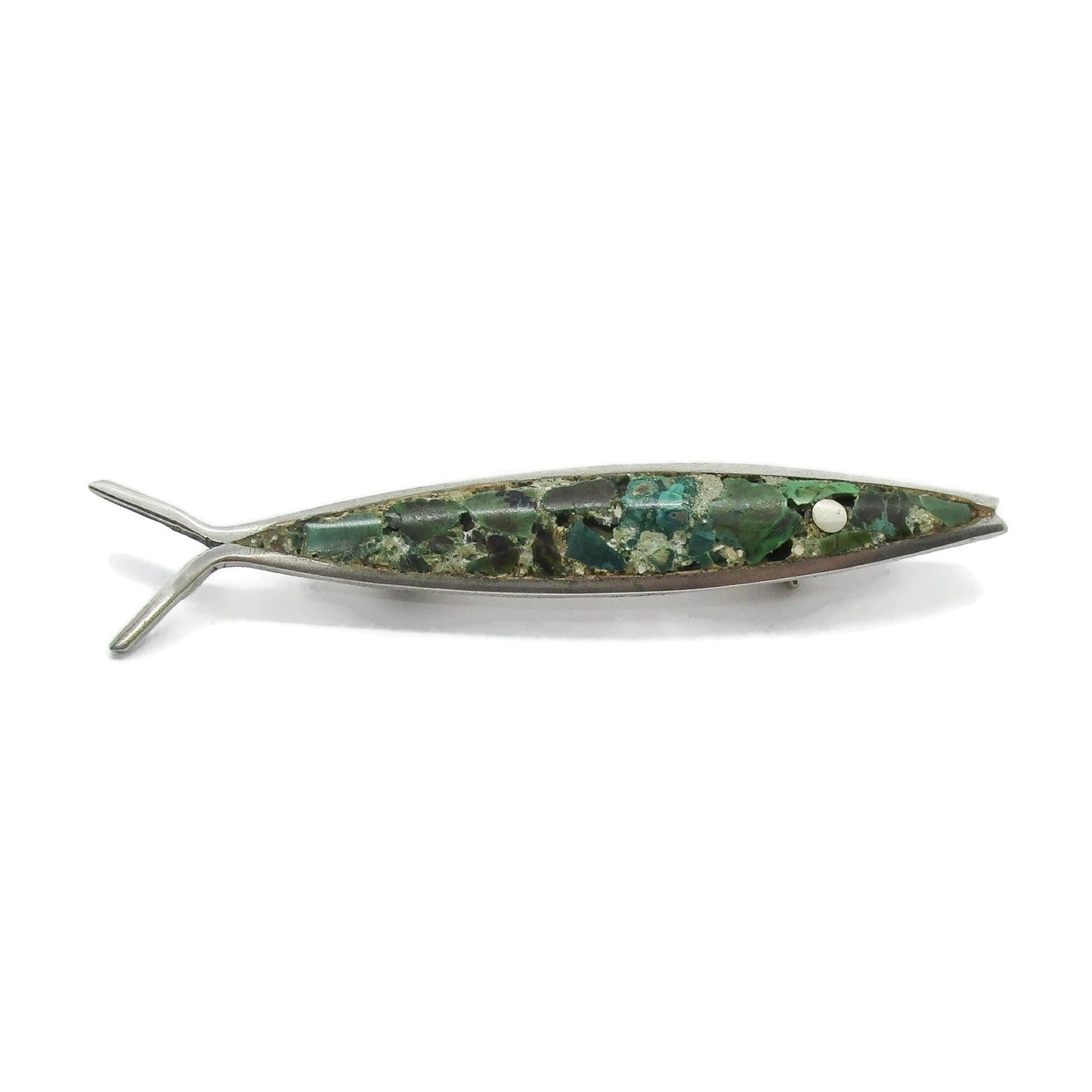 Mexican sterling silver and crushed turquoise fish brooch 