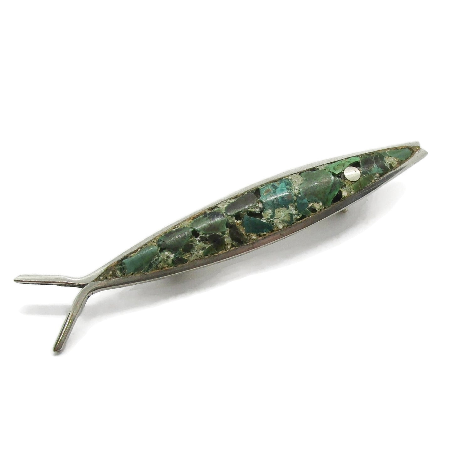 Mexican sterling silver and crushed turquoise fish brooch close up