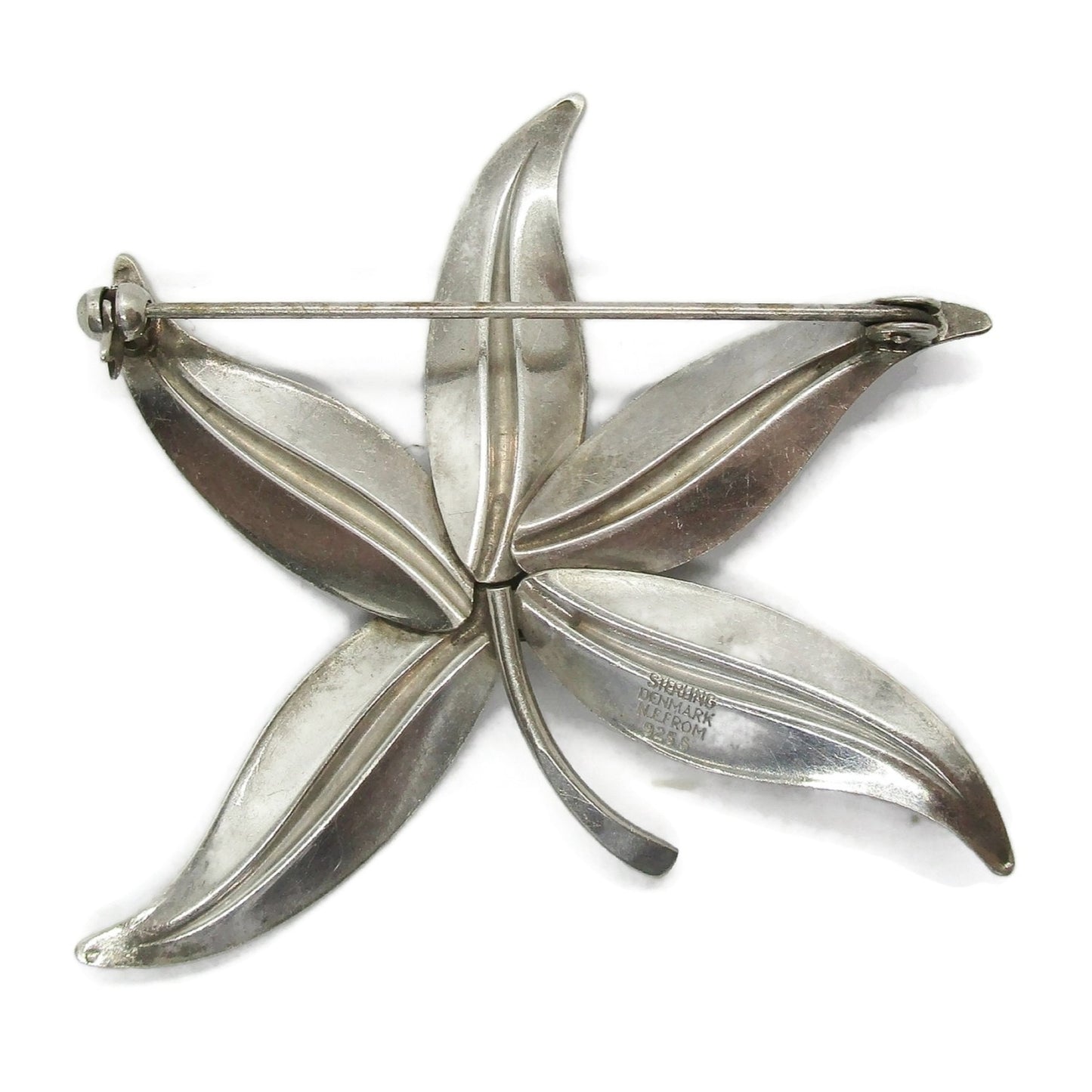 Niels Erik From sterling silver leaf brooch back view showing hallmarks