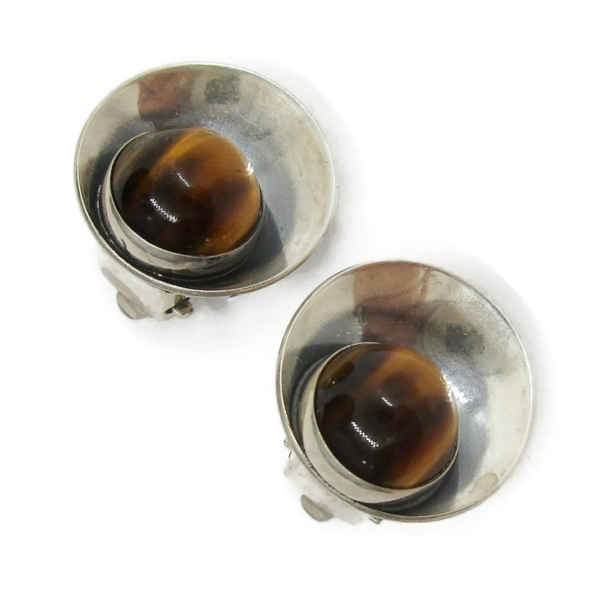 Niels Erik From Denmark sterling silver and tigers eye clip on earrings shown on an angle
