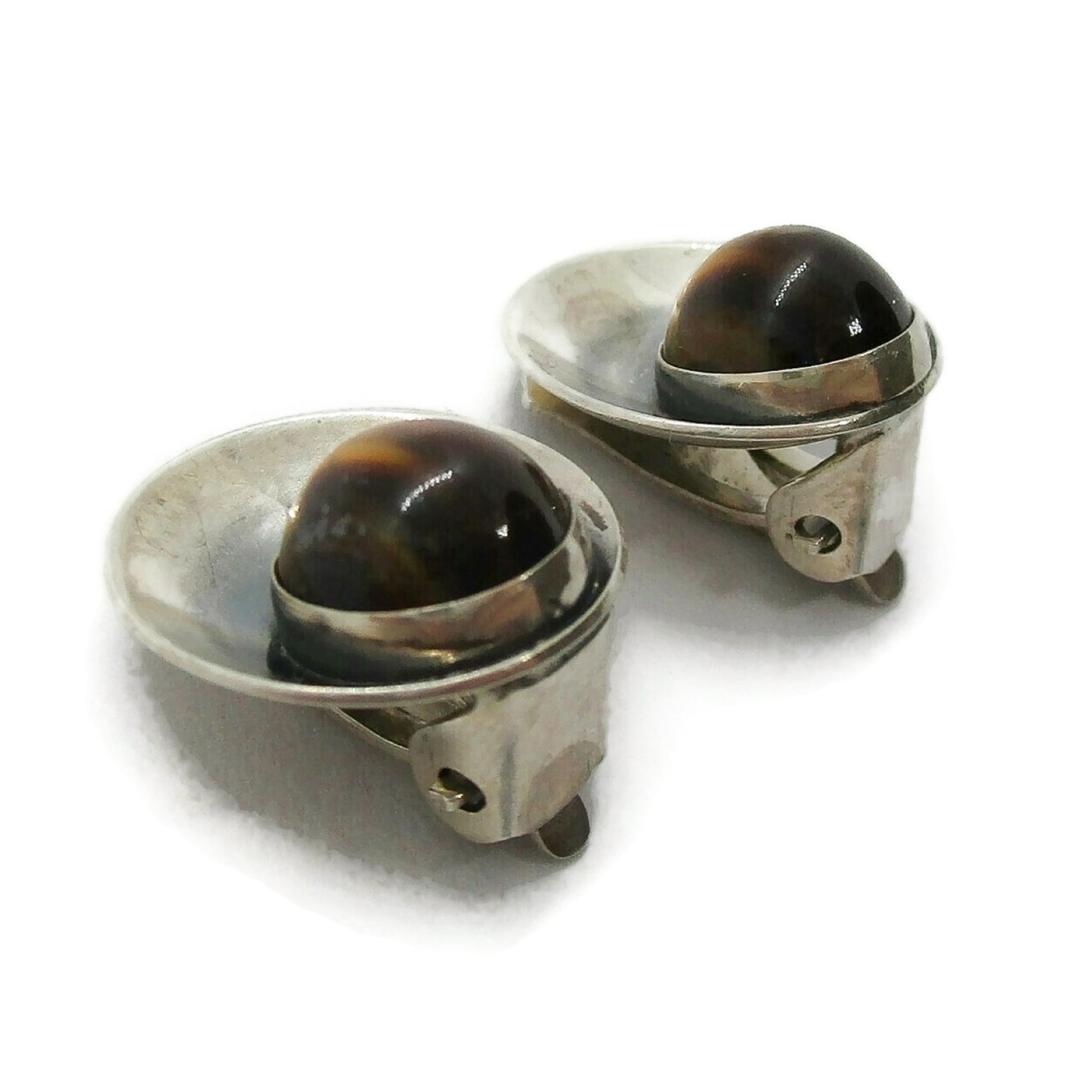 Niels Erik From Denmark sterling silver and tigers eye clip on earrings seen from the side